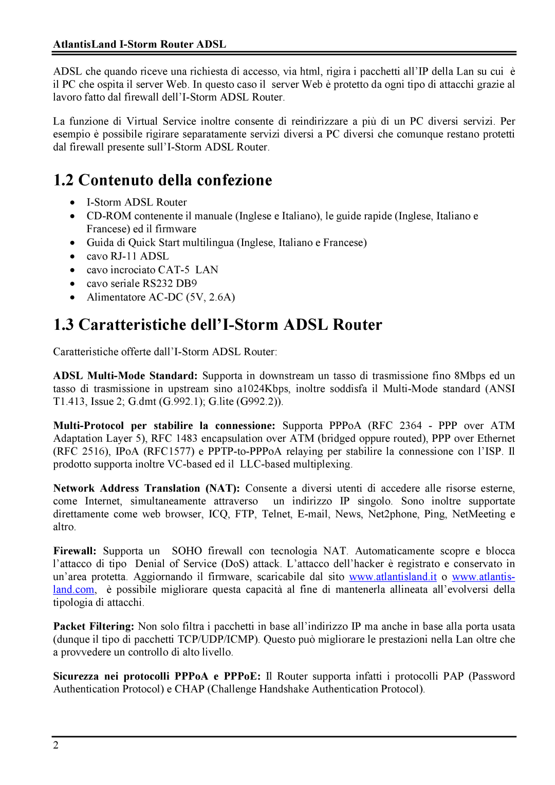 Atlantis Land A02-RA MI01 manual Contenuto della confezione, Caratteristiche dell’I-Storm Adsl Router 