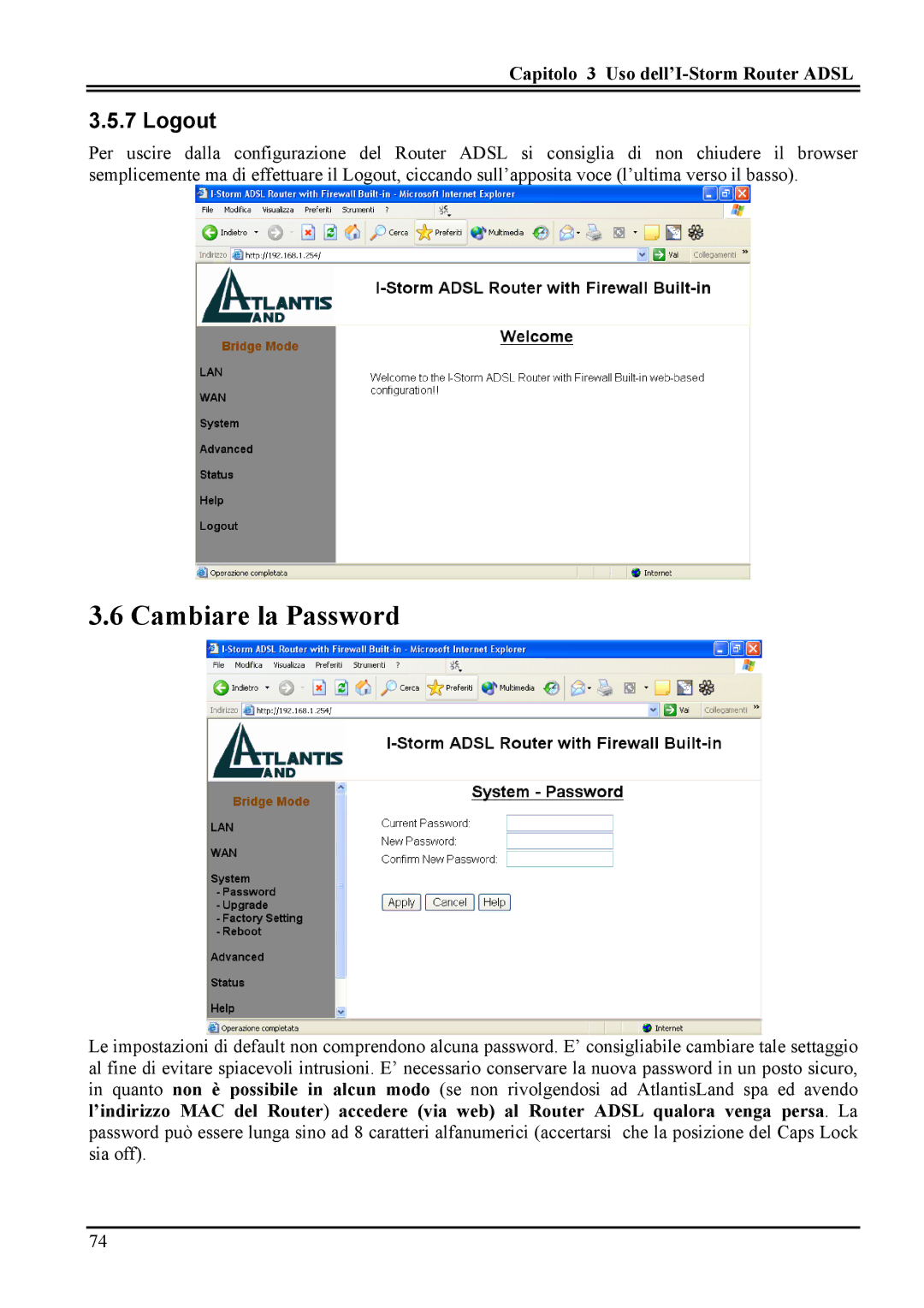 Atlantis Land A02-RA MI01 manual Cambiare la Password, Logout 