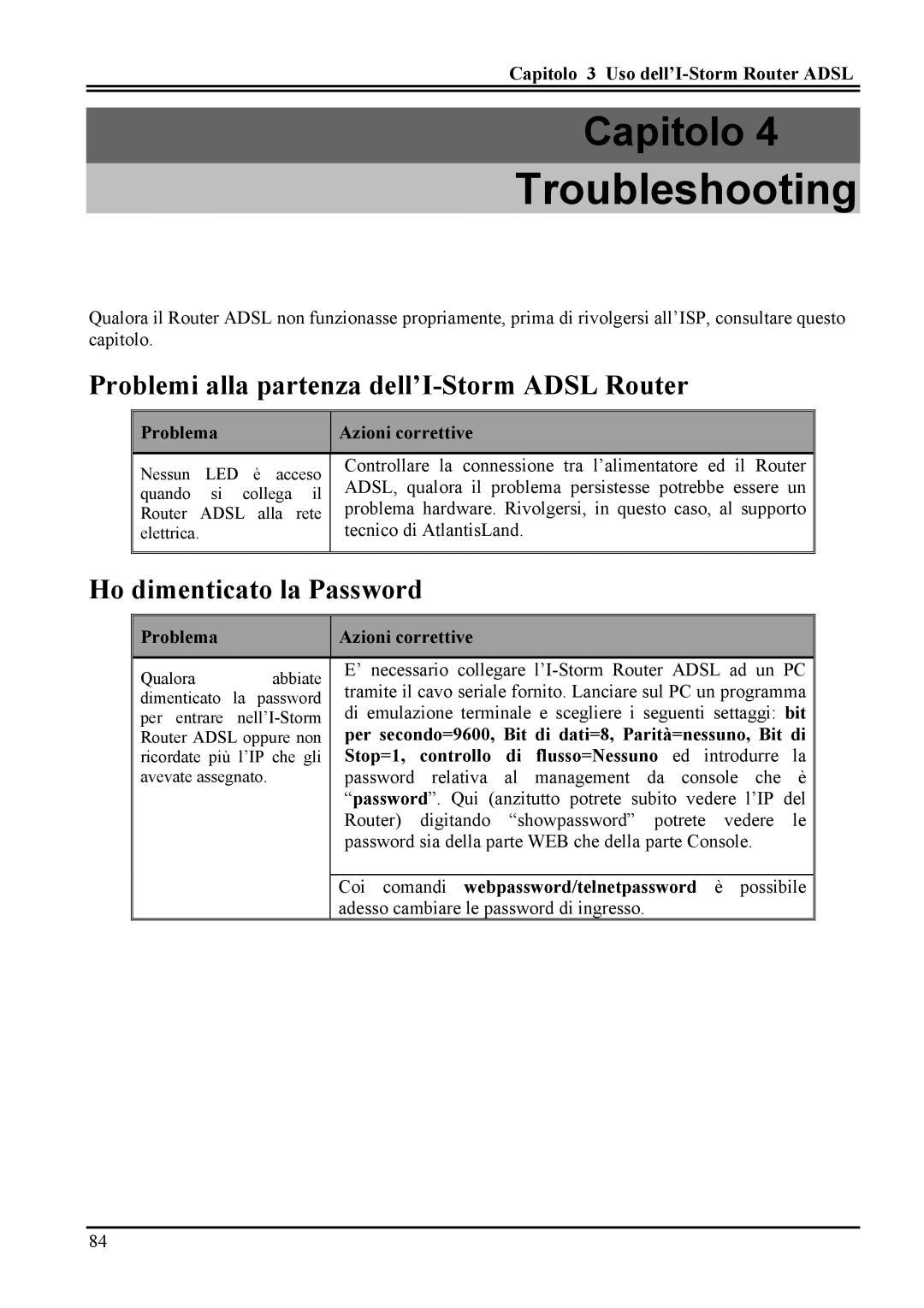 Atlantis Land A02-RA MI01 manual Problemi alla partenza dell’I-Storm Adsl Router, Ho dimenticato la Password 