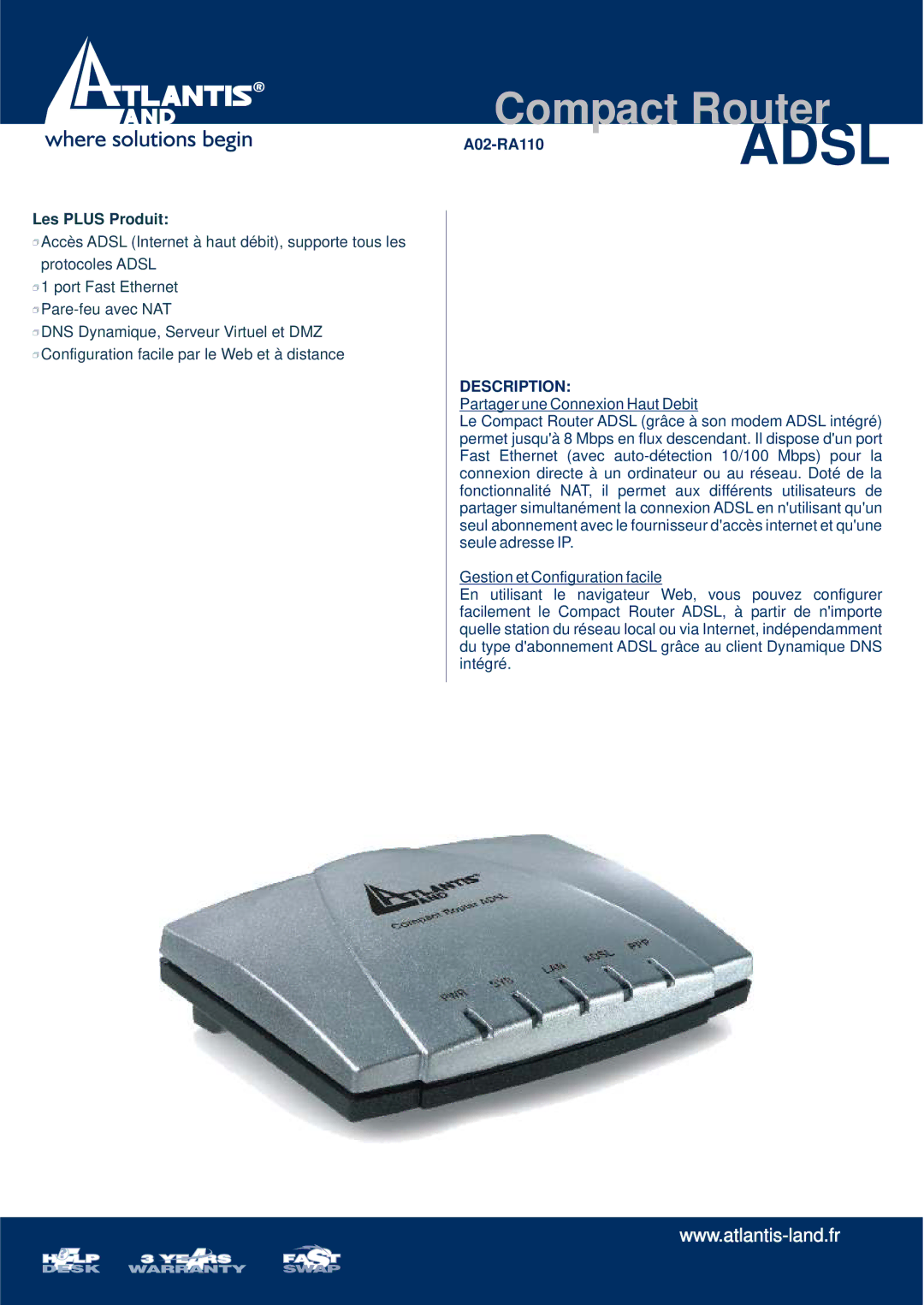 Atlantis Land A02-RA110 manual Adsl, Les Plus Produit, Description 