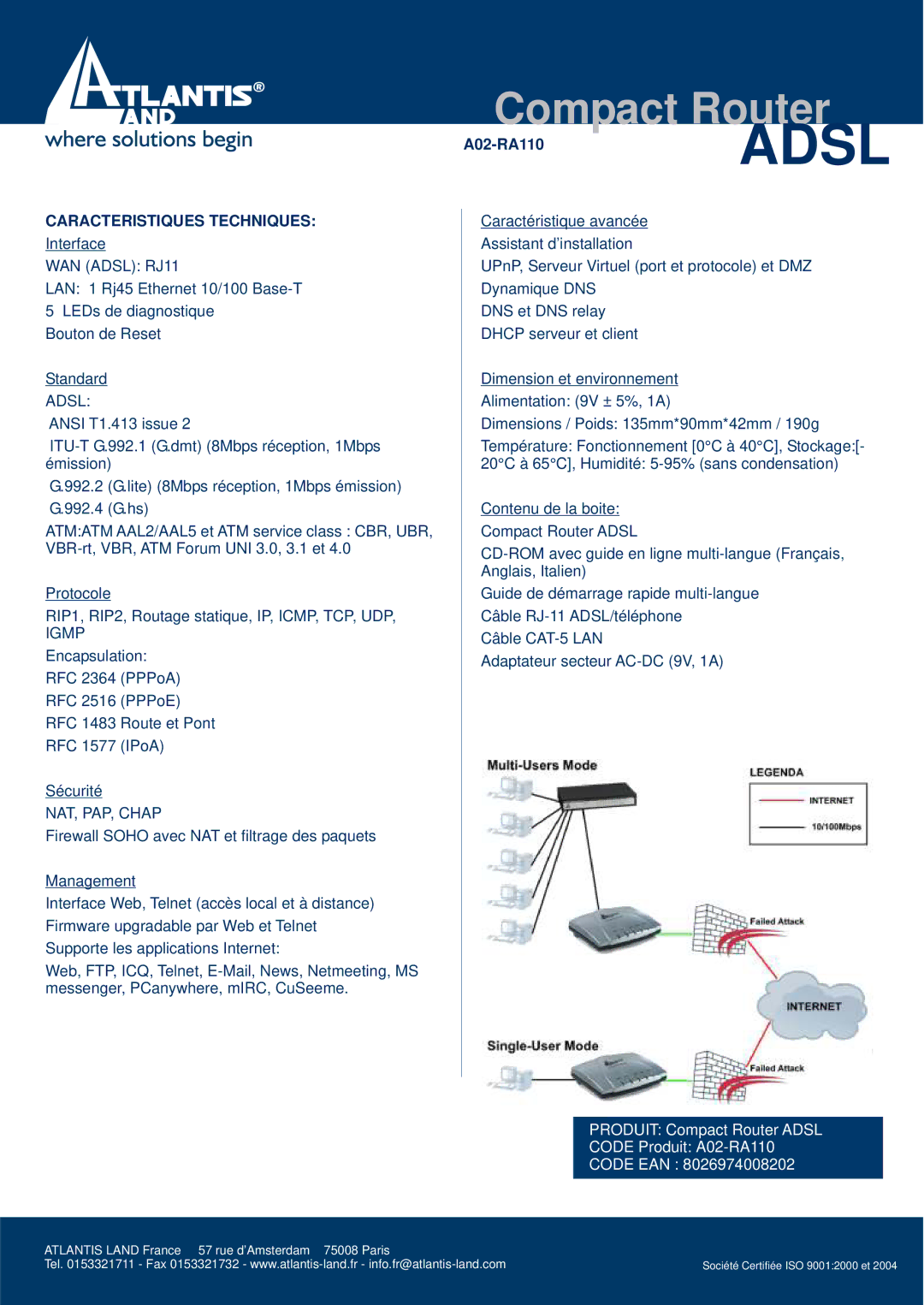 Atlantis Land A02-RA110 manual Caracteristiques Techniques, WAN Adsl RJ11, NAT, PAP, Chap 