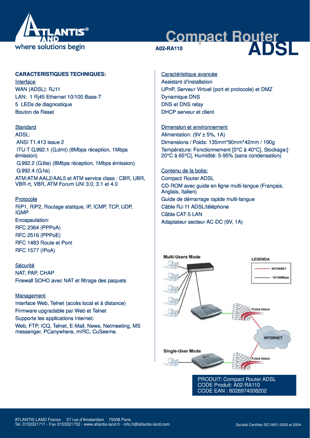 Atlantis Land A02-RA110 manual Caracteristiques Techniques, Adsl, Compact Router 