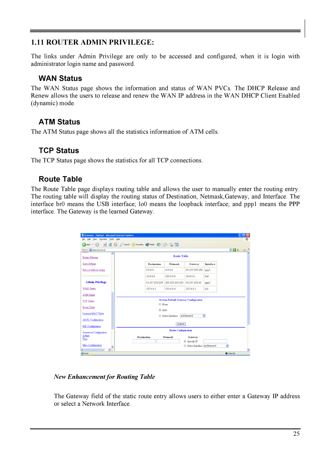 Atlantis Land A02-RA2 ME01 manual WAN Status, ATM Status, TCP Status, Route Table 