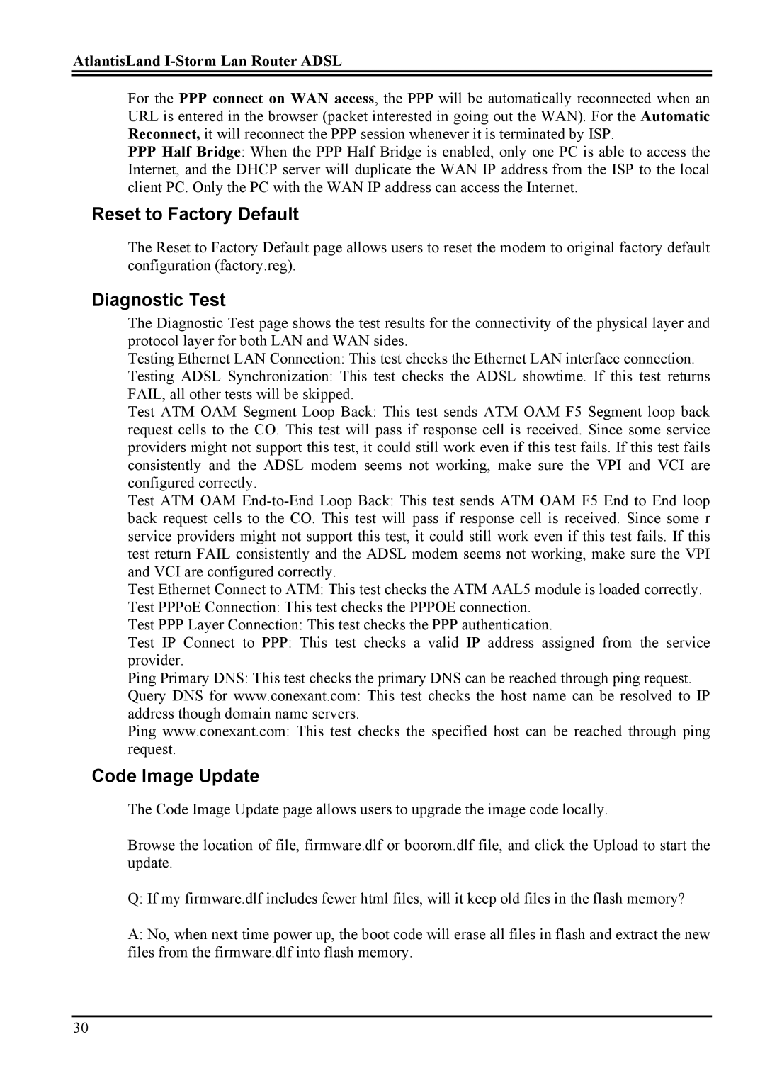 Atlantis Land A02-RA2 ME01 manual Reset to Factory Default, Diagnostic Test, Code Image Update 