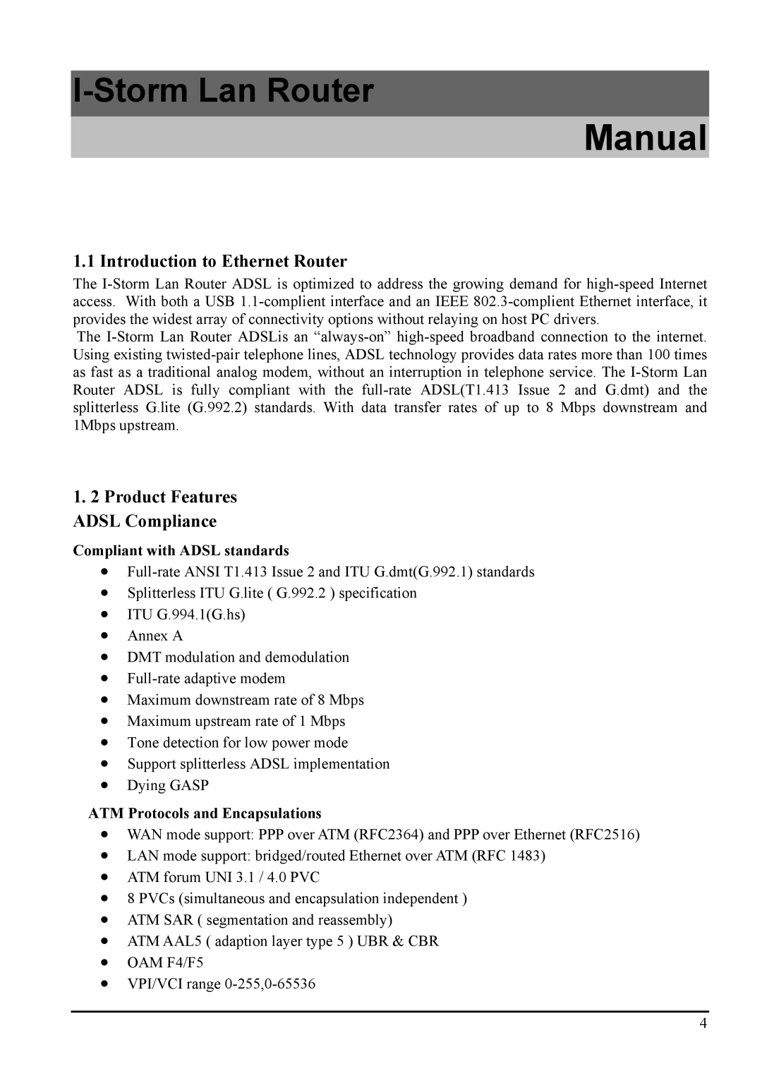 Atlantis Land A02-RA2 ME01 manual Introduction to Ethernet Router, Product Features Adsl Compliance 