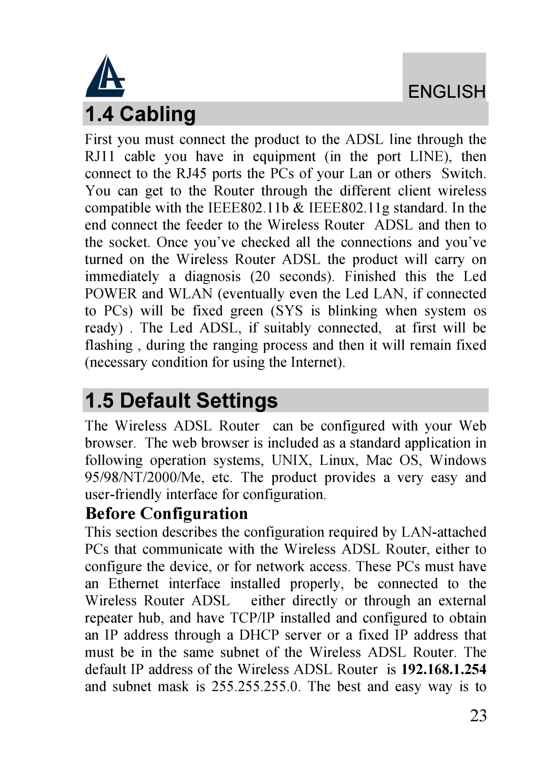 Atlantis Land A02-RA210-W54, A02-RA240-W54 quick start Cabling, Default Settings 