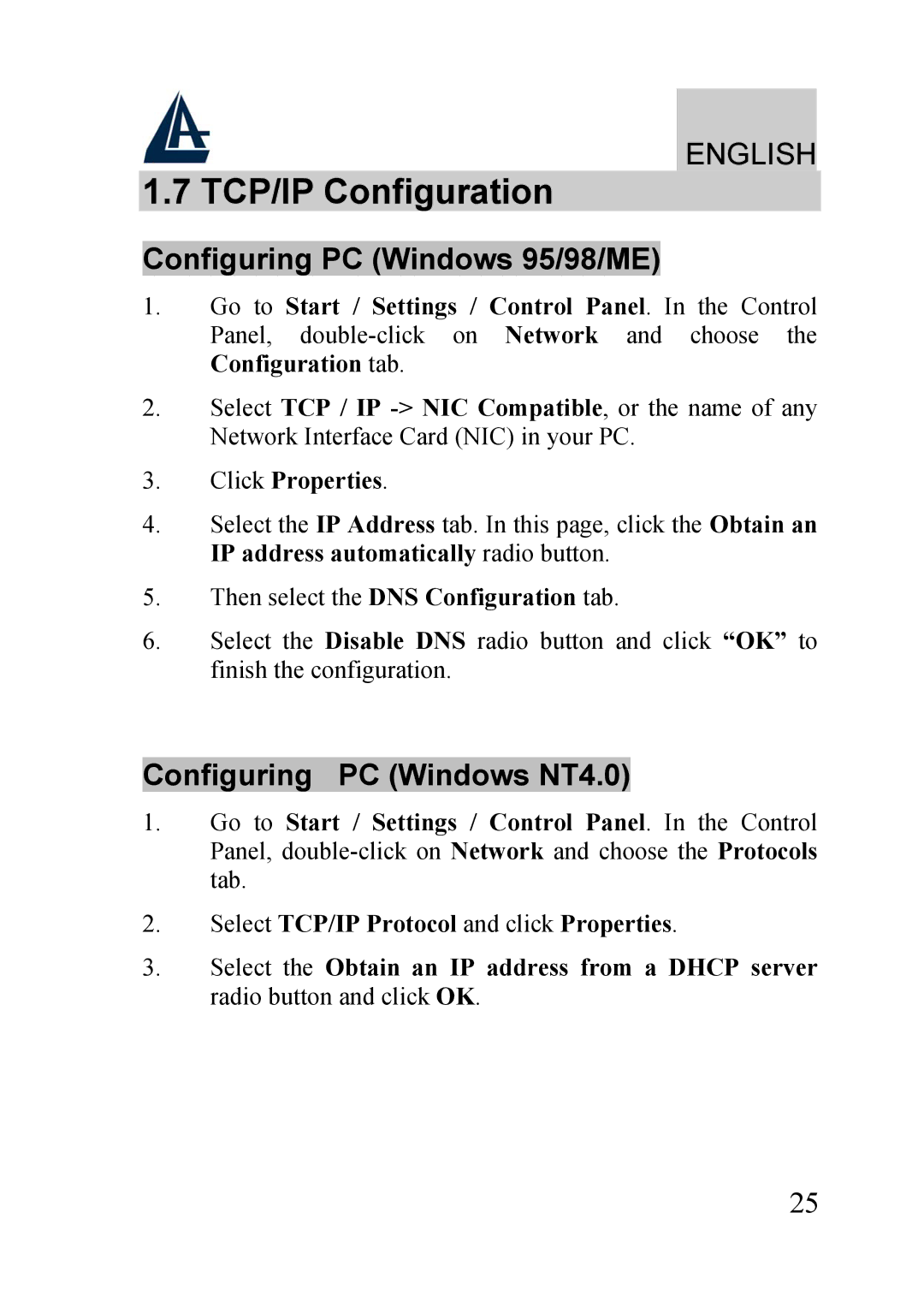 Atlantis Land A02-RA210-W54 quick start TCP/IP Configuration, Configuring PC Windows 95/98/ME, Configuring PC Windows NT4.0 