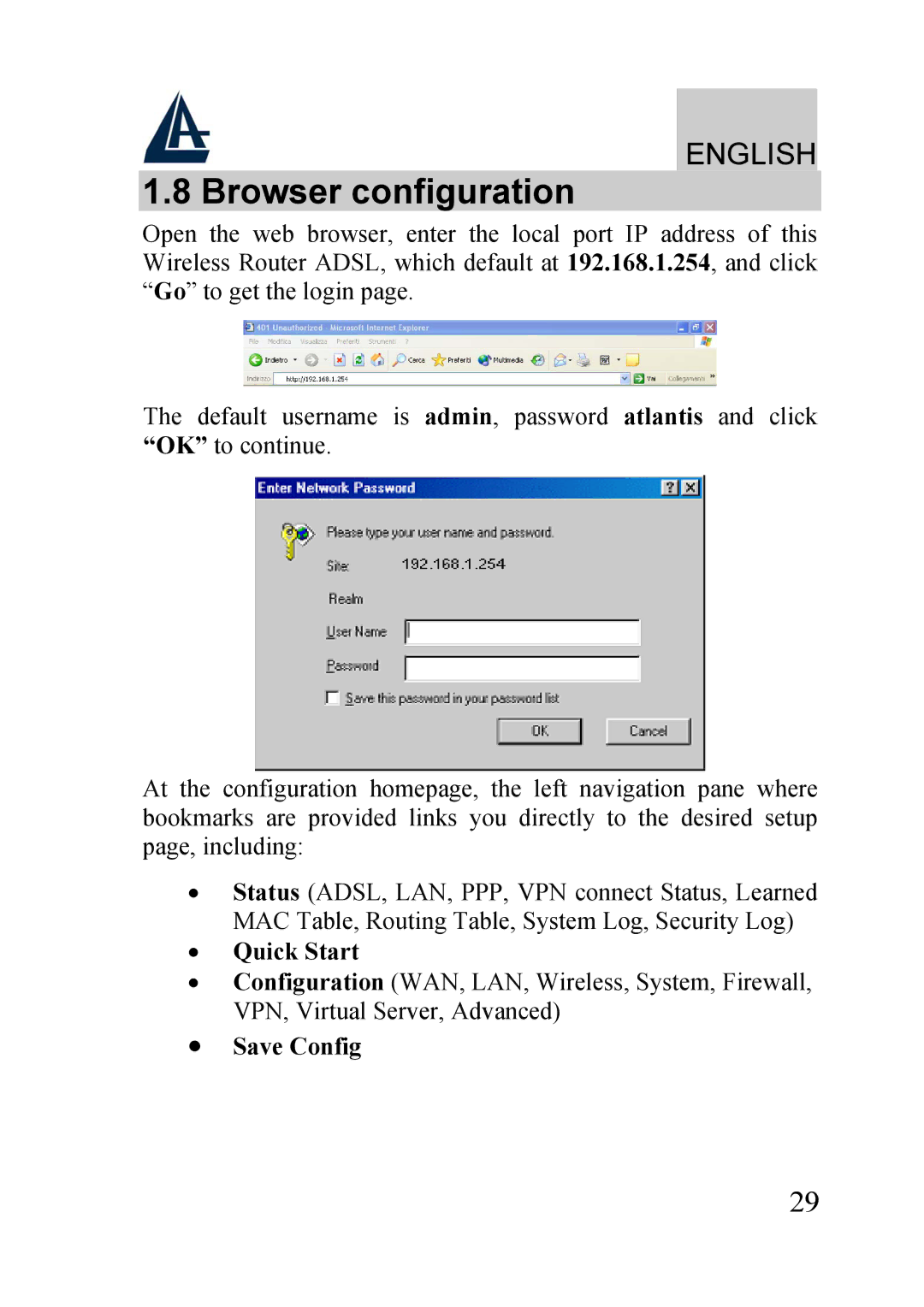 Atlantis Land A02-RA210-W54, A02-RA240-W54 quick start Browser configuration, Quick Start 