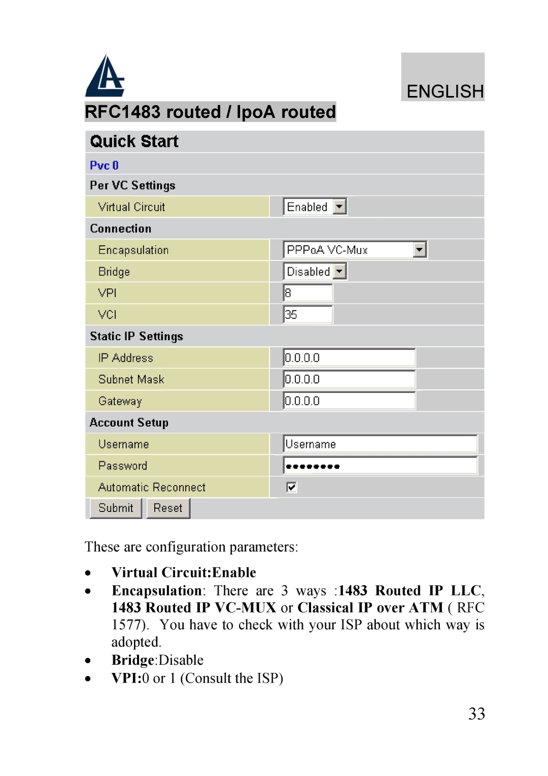 Atlantis Land A02-RA210-W54, A02-RA240-W54 quick start BridgeDisable VPI0 or 1 Consult the ISP 