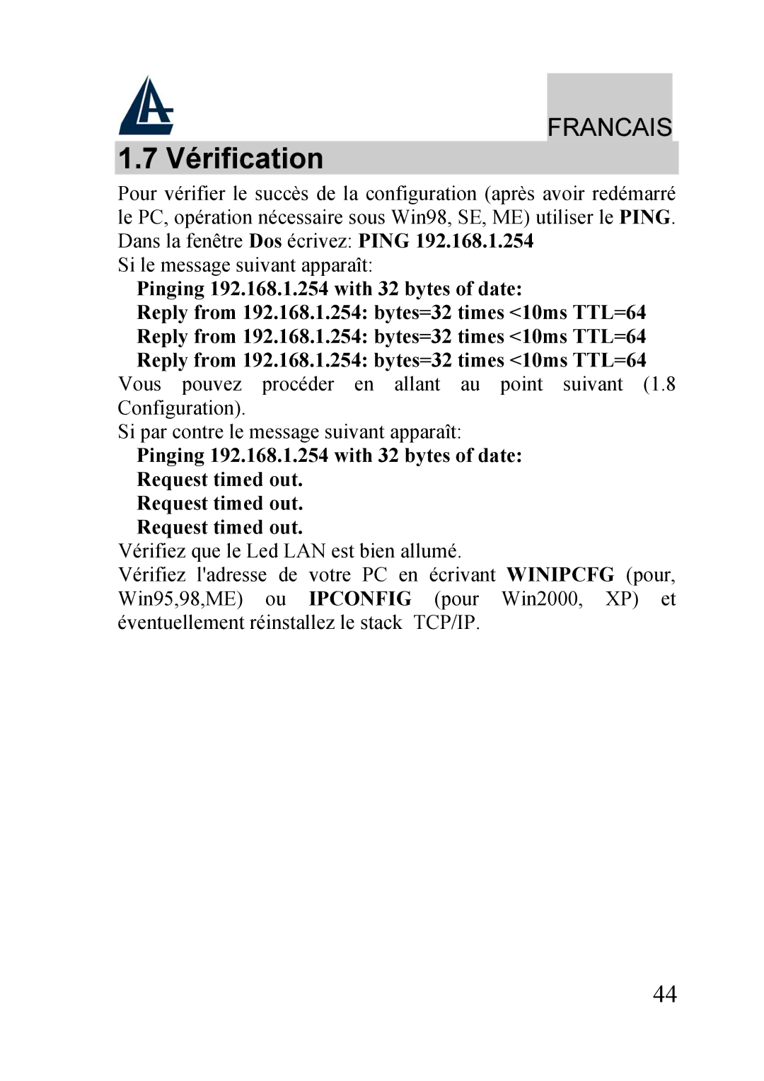 Atlantis Land A02-RA240-W54, A02-RA210-W54 quick start Vérification 