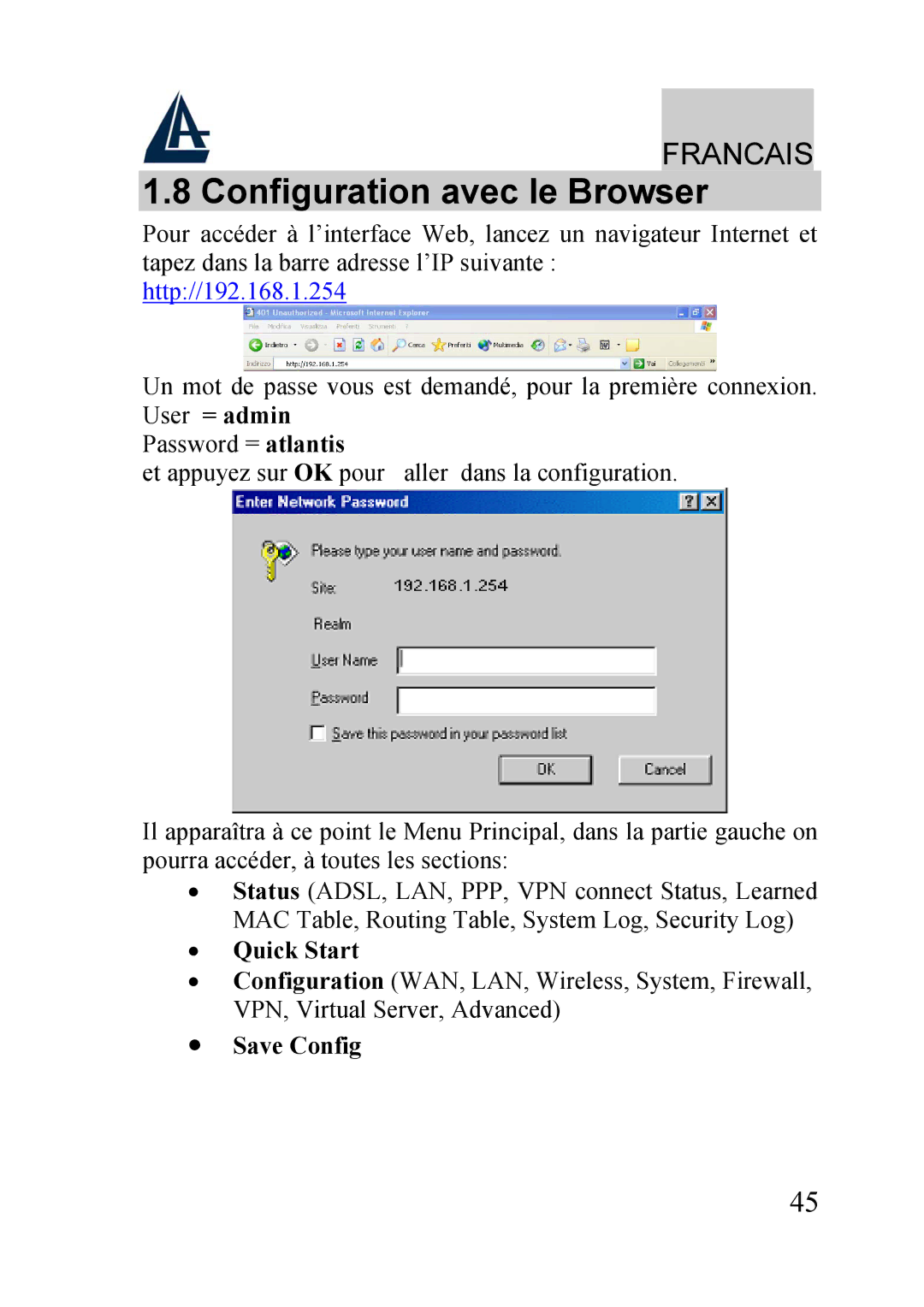 Atlantis Land A02-RA210-W54, A02-RA240-W54 quick start Configuration avec le Browser, Quick Start 