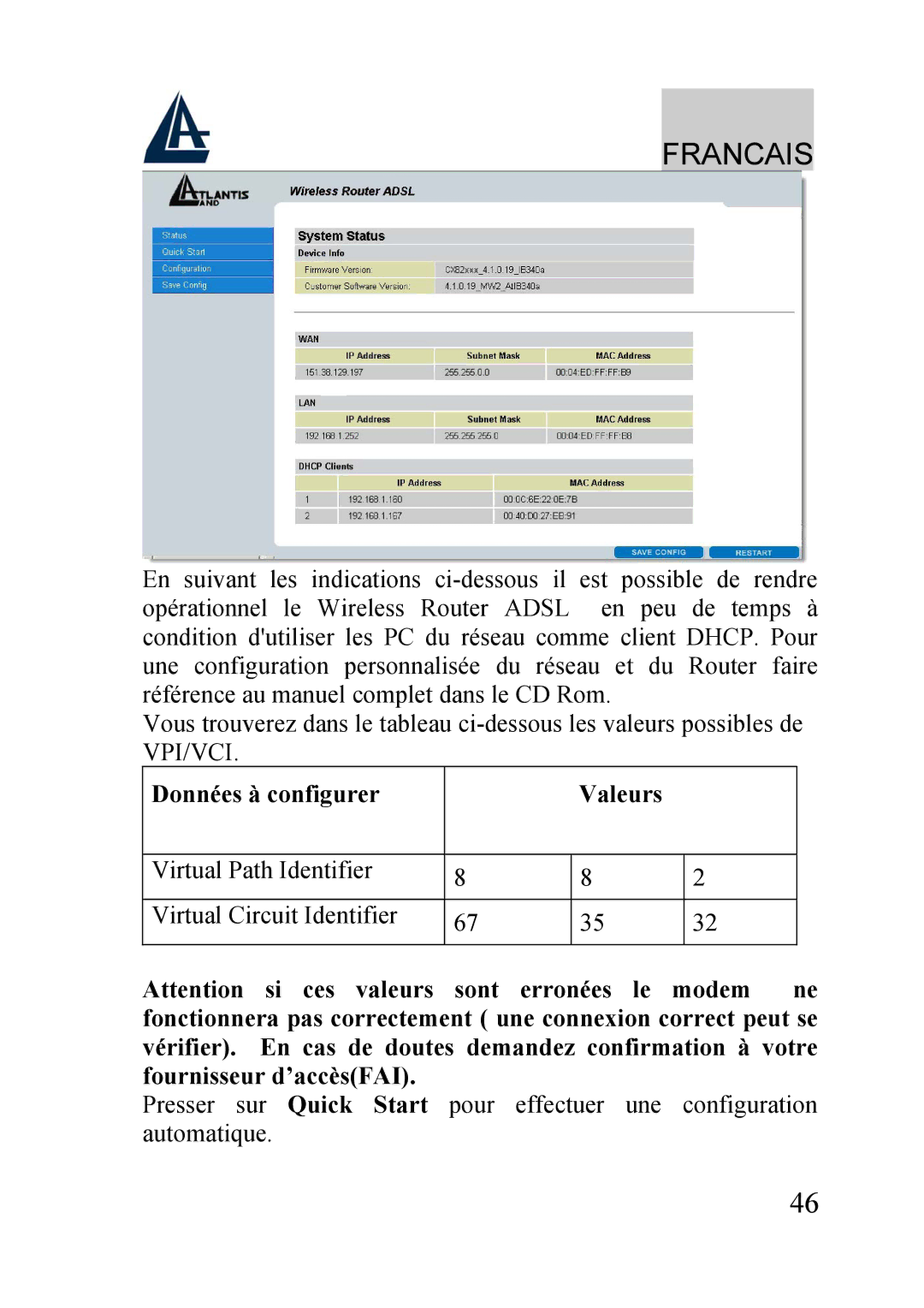 Atlantis Land A02-RA240-W54, A02-RA210-W54 quick start Données à configurer Valeurs 