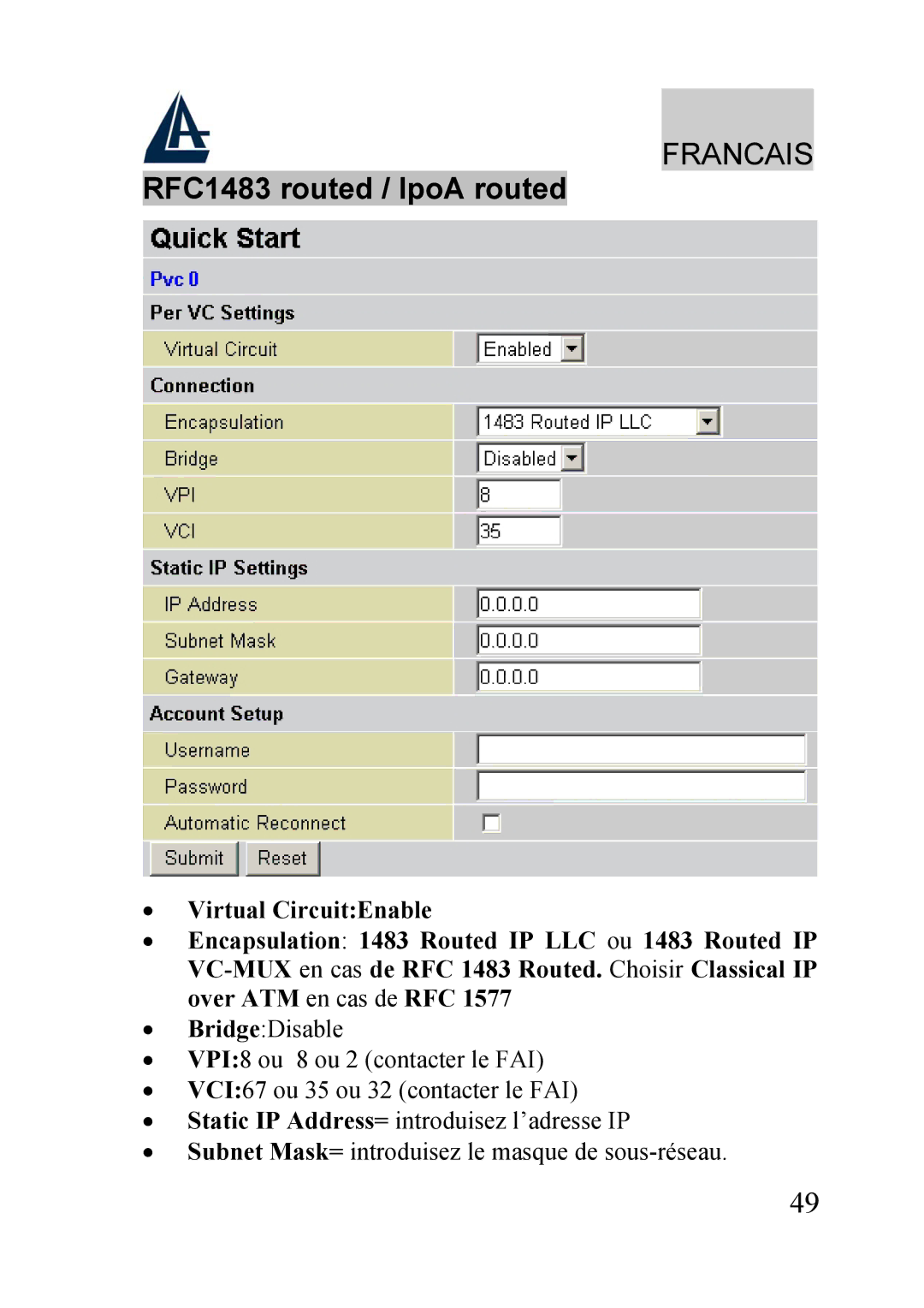 Atlantis Land A02-RA210-W54, A02-RA240-W54 quick start RFC1483 routed / IpoA routed 