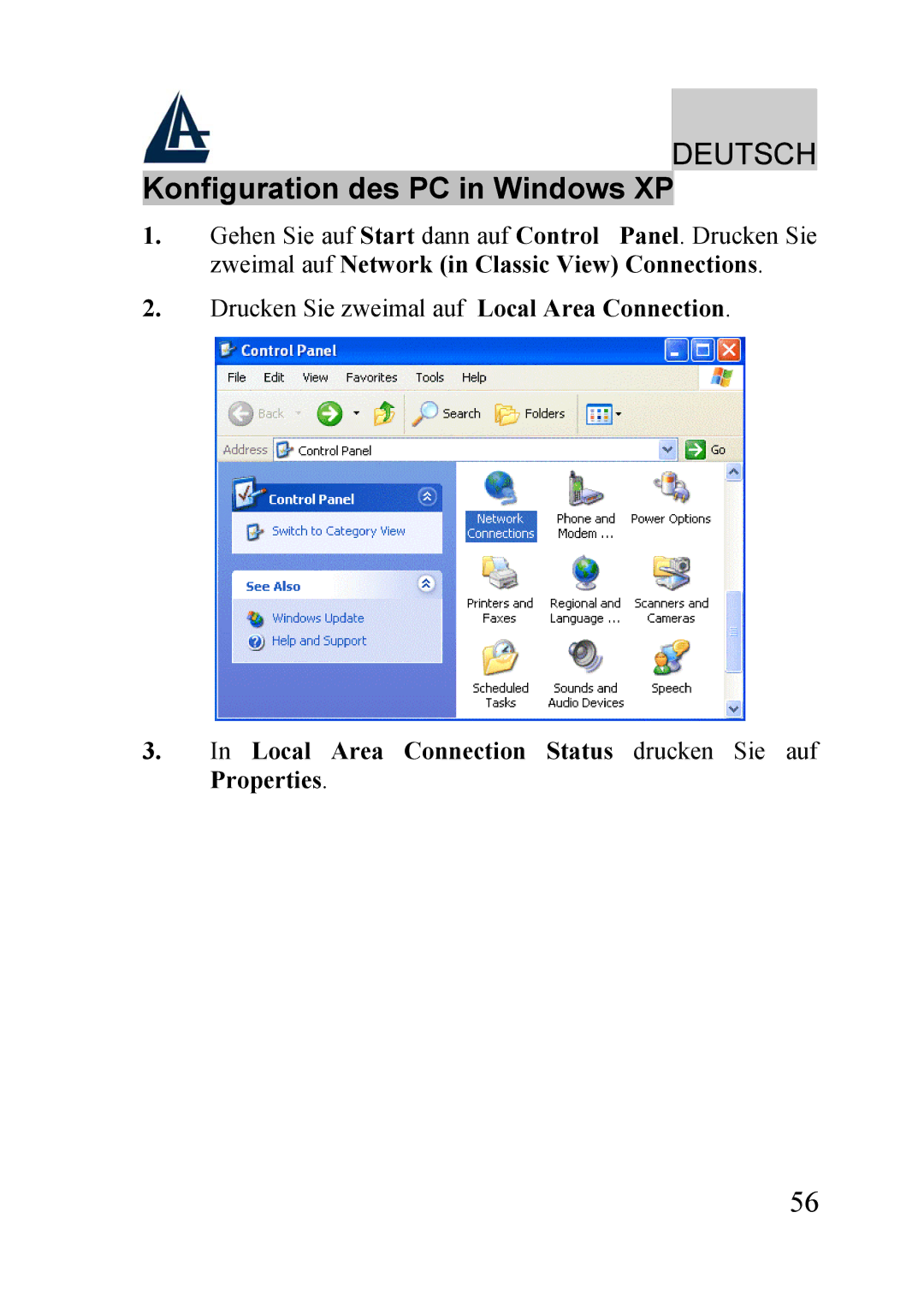 Atlantis Land A02-RA240-W54 quick start Konfiguration des PC in Windows XP, Zweimal auf Network in Classic View Connections 