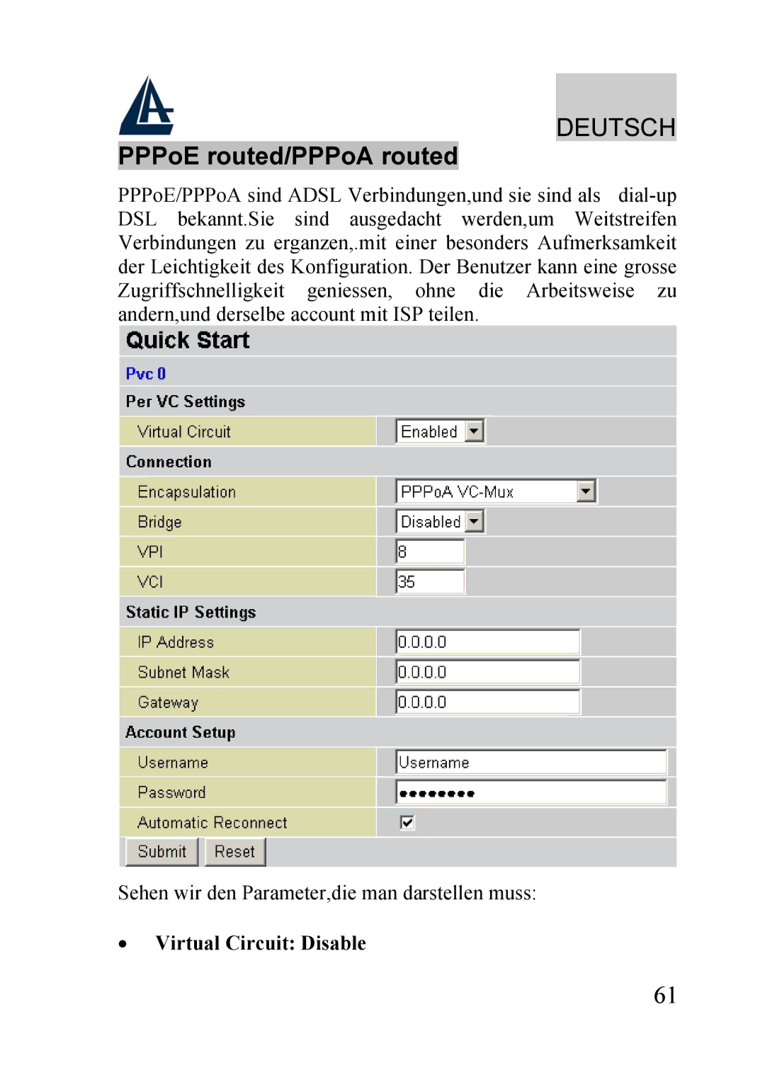 Atlantis Land A02-RA210-W54, A02-RA240-W54 quick start PPPoE routed/PPPoA routed, Virtual Circuit Disable 