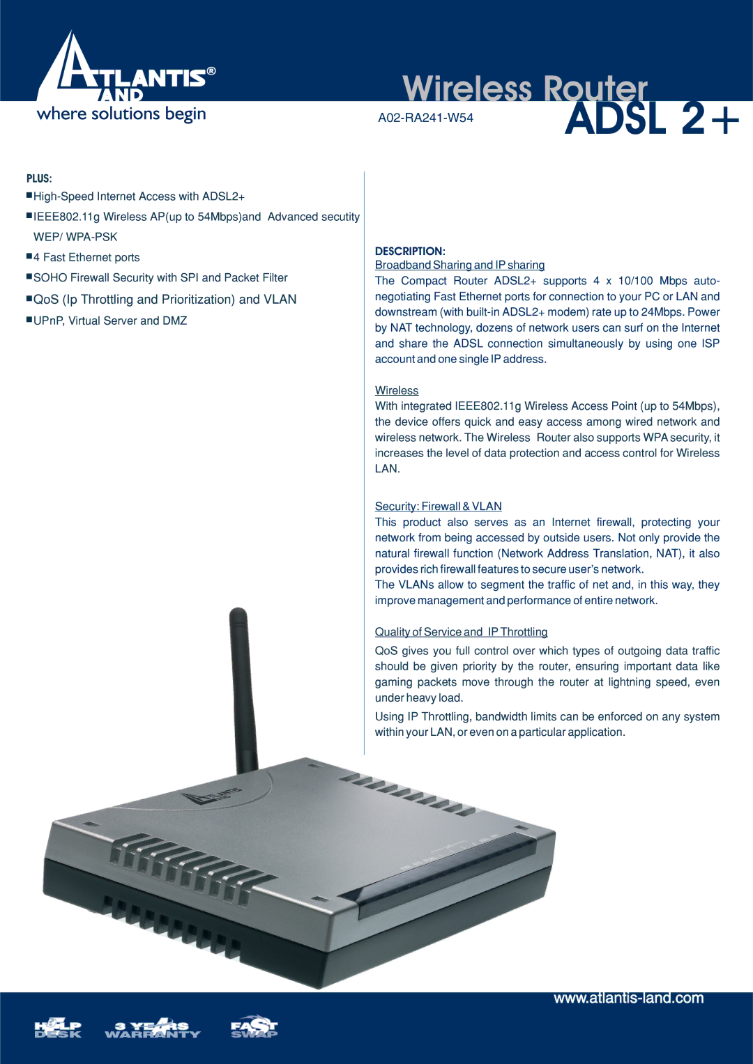 Atlantis Land A02-RA241-W54 manual Adsl 2+, + QoS Ip Throttling and Prioritization and Vlan, Plus, Description 