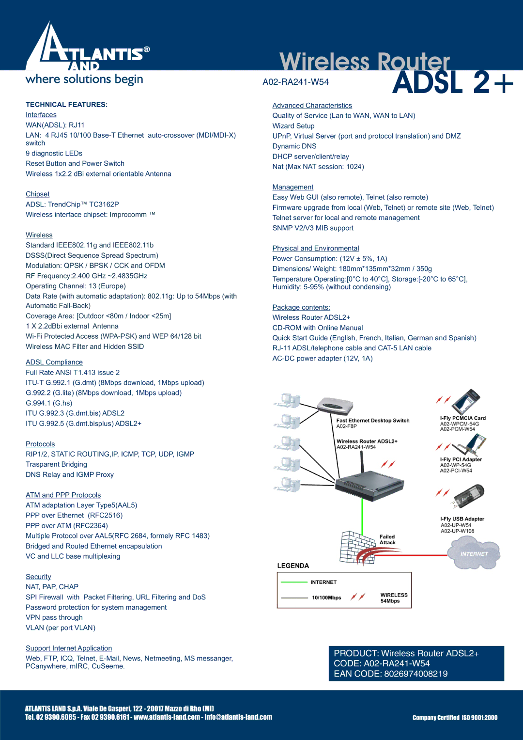 Atlantis Land A02-RA241-W54 manual Technical Features, Wanadsl RJ11, NAT, PAP, Chap 