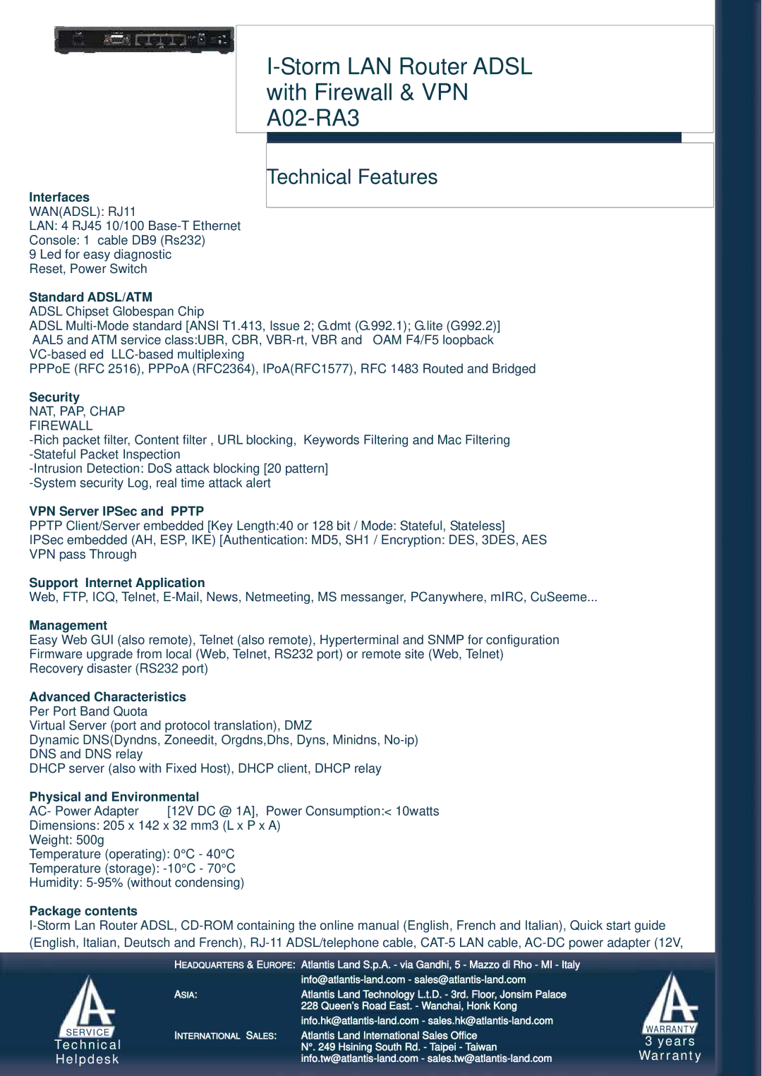 Atlantis Land A02-RA3 Interfaces, Standard ADSL/ATM, Security, VPN Server IPSec and Pptp, Support Internet Application 