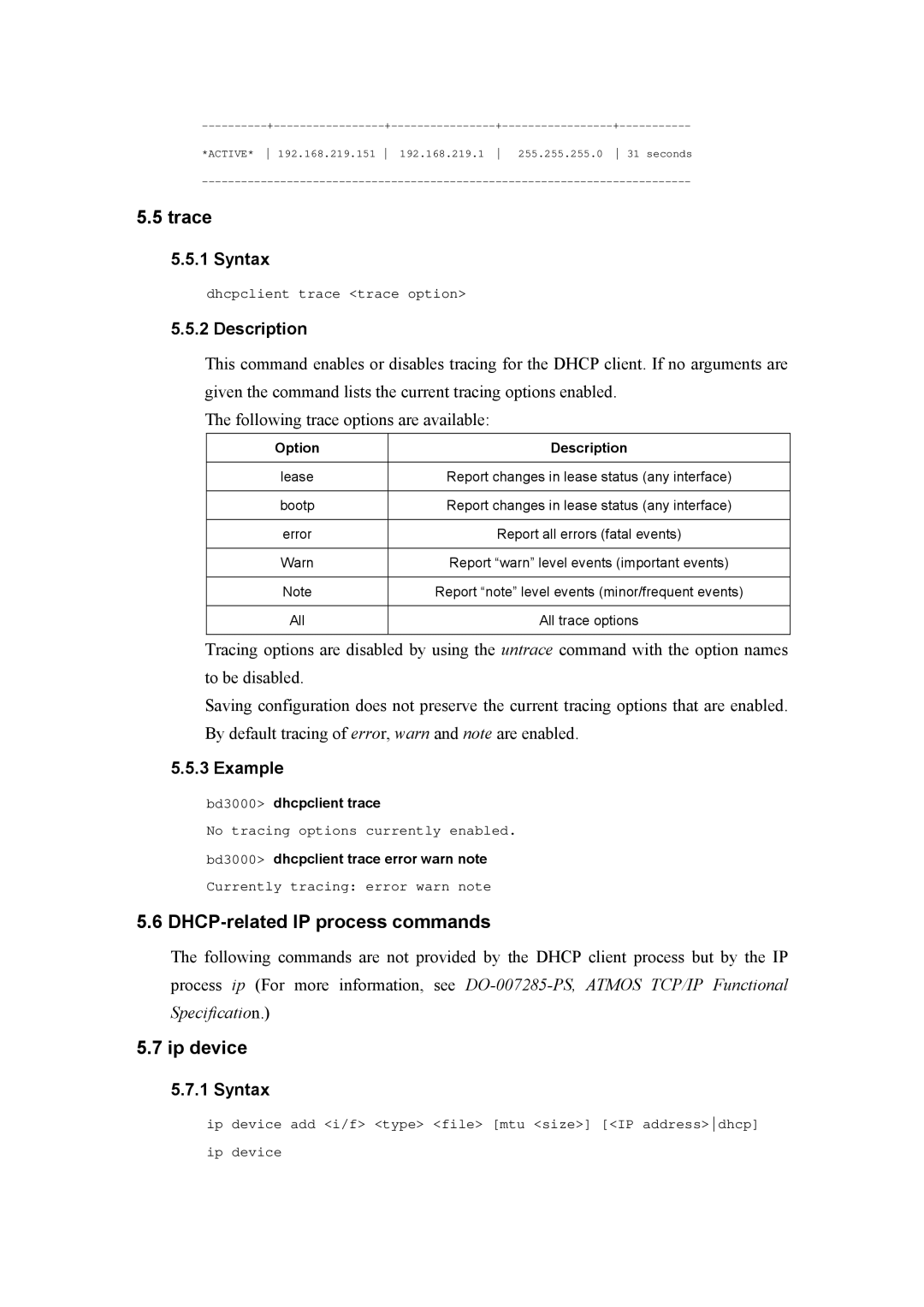 Atlantis Land A02-RA(Atmos)_ME01 manual Trace, DHCP-related IP process commands, Ip device 