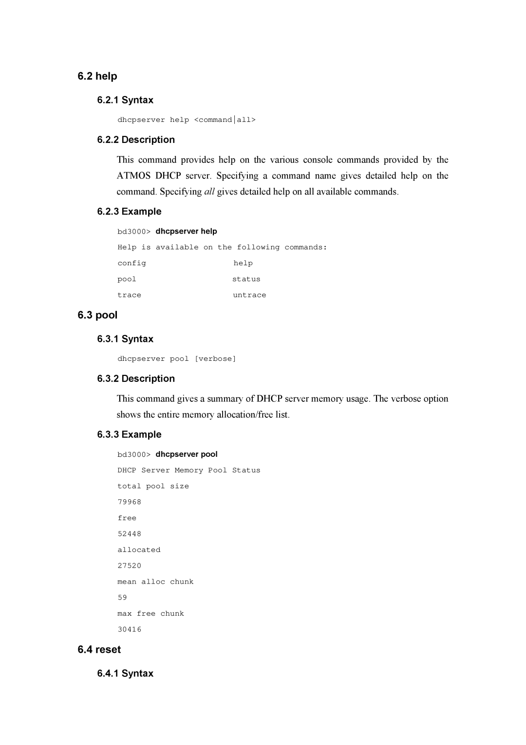 Atlantis Land A02-RA(Atmos)_ME01 manual Reset, Bd3000 dhcpserver help, Bd3000 dhcpserver pool 