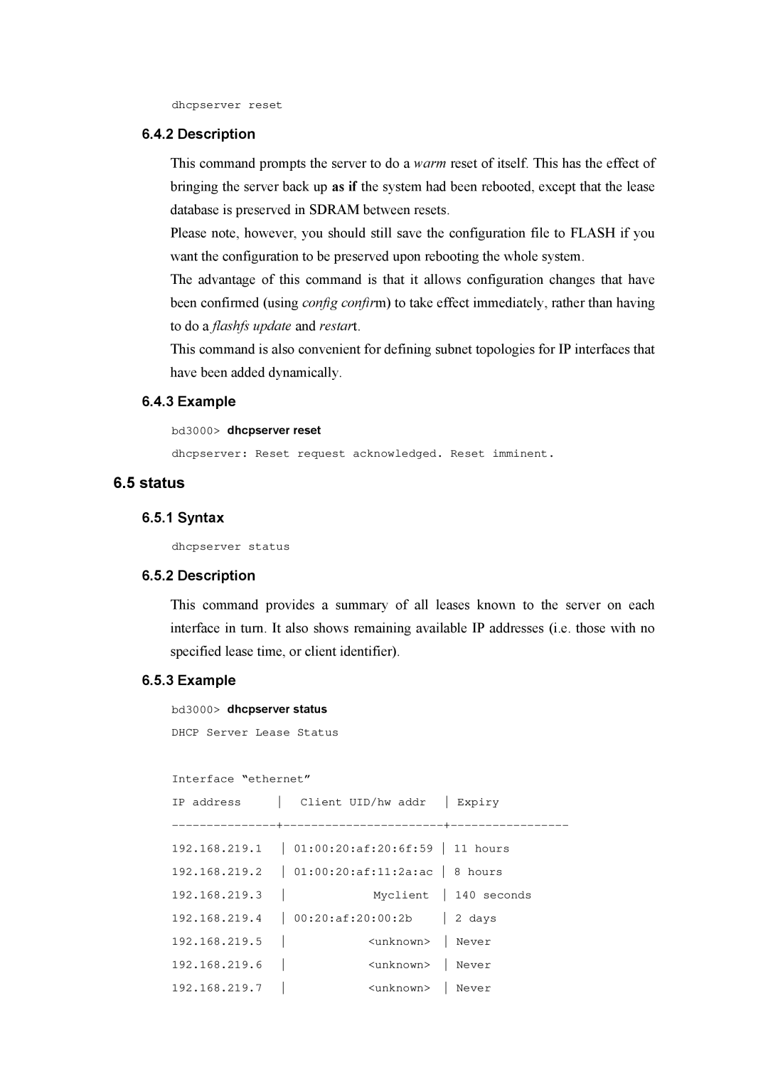 Atlantis Land A02-RA(Atmos)_ME01 manual Bd3000 dhcpserver reset, Bd3000 dhcpserver status Dhcp Server Lease Status 