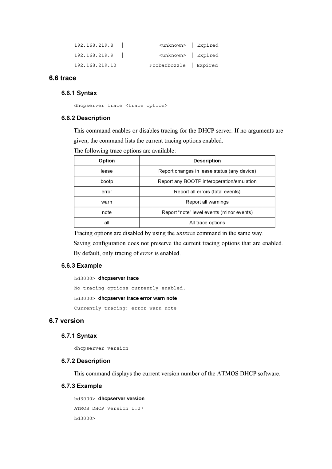 Atlantis Land A02-RA(Atmos)_ME01 manual Bd3000 dhcpserver trace, Bd3000 dhcpserver version 