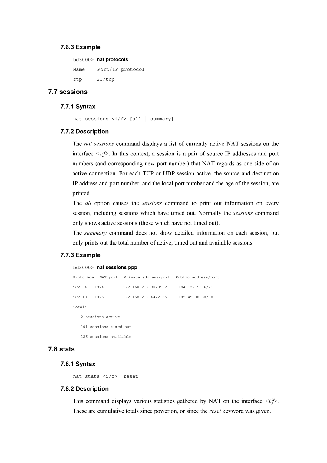 Atlantis Land A02-RA(Atmos)_ME01 manual Sessions, Stats, Bd3000 nat protocols, Bd3000 nat sessions ppp 