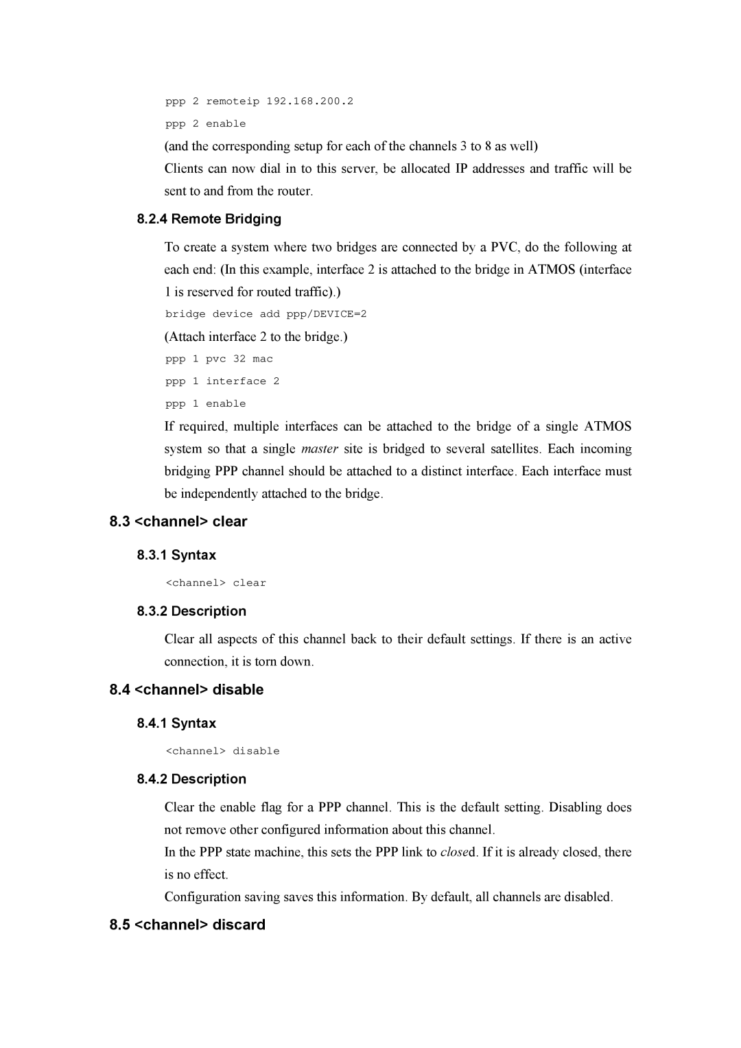 Atlantis Land A02-RA(Atmos)_ME01 manual Channel clear, Channel disable, Channel discard, Remote Bridging 