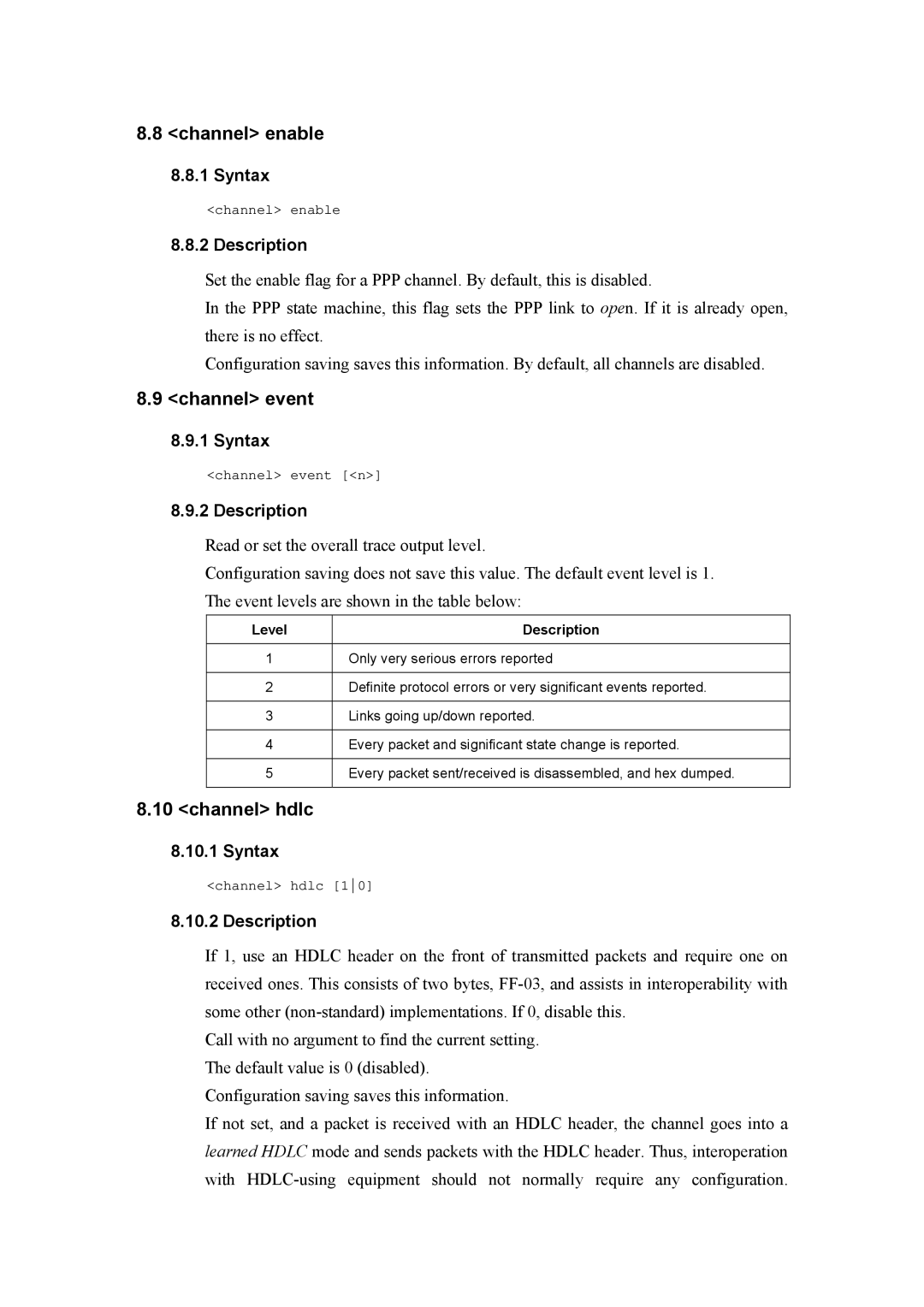 Atlantis Land A02-RA(Atmos)_ME01 manual Channel enable, Channel event, Channel hdlc, Level Description 