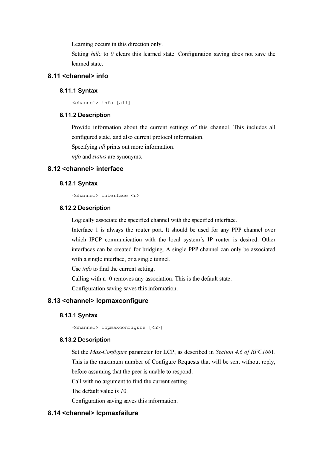 Atlantis Land A02-RA(Atmos)_ME01 manual Channel info, Channel interface, Channel lcpmaxconfigure, Channel lcpmaxfailure 