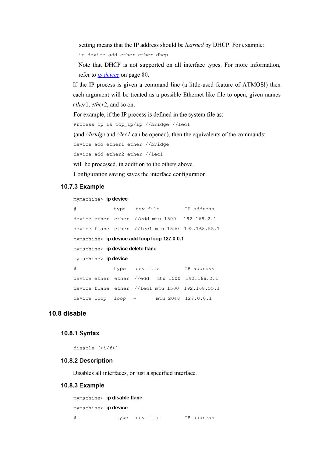 Atlantis Land A02-RA(Atmos)_ME01 manual Disable, Mymachine ip device add loop loop, Mymachine ip device delete flane 