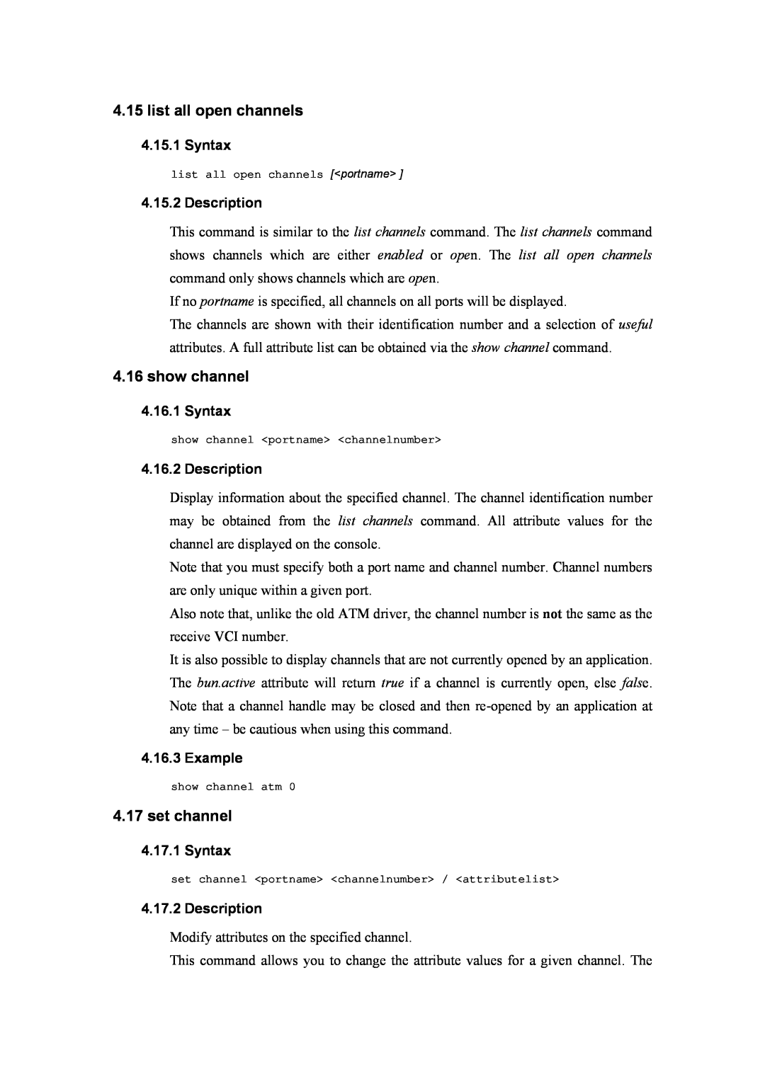 Atlantis Land A02-RA(Atmos)_ME01 manual list all open channels, show channel, set channel, Syntax, Description, Example 