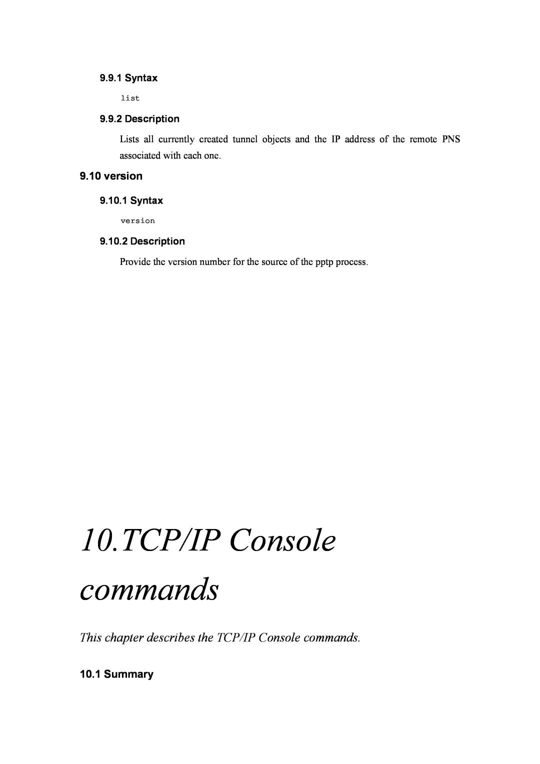 Atlantis Land A02-RA(Atmos)_ME01 10.TCP/IP Console commands, This chapter describes the TCP/IP Console commands, version 