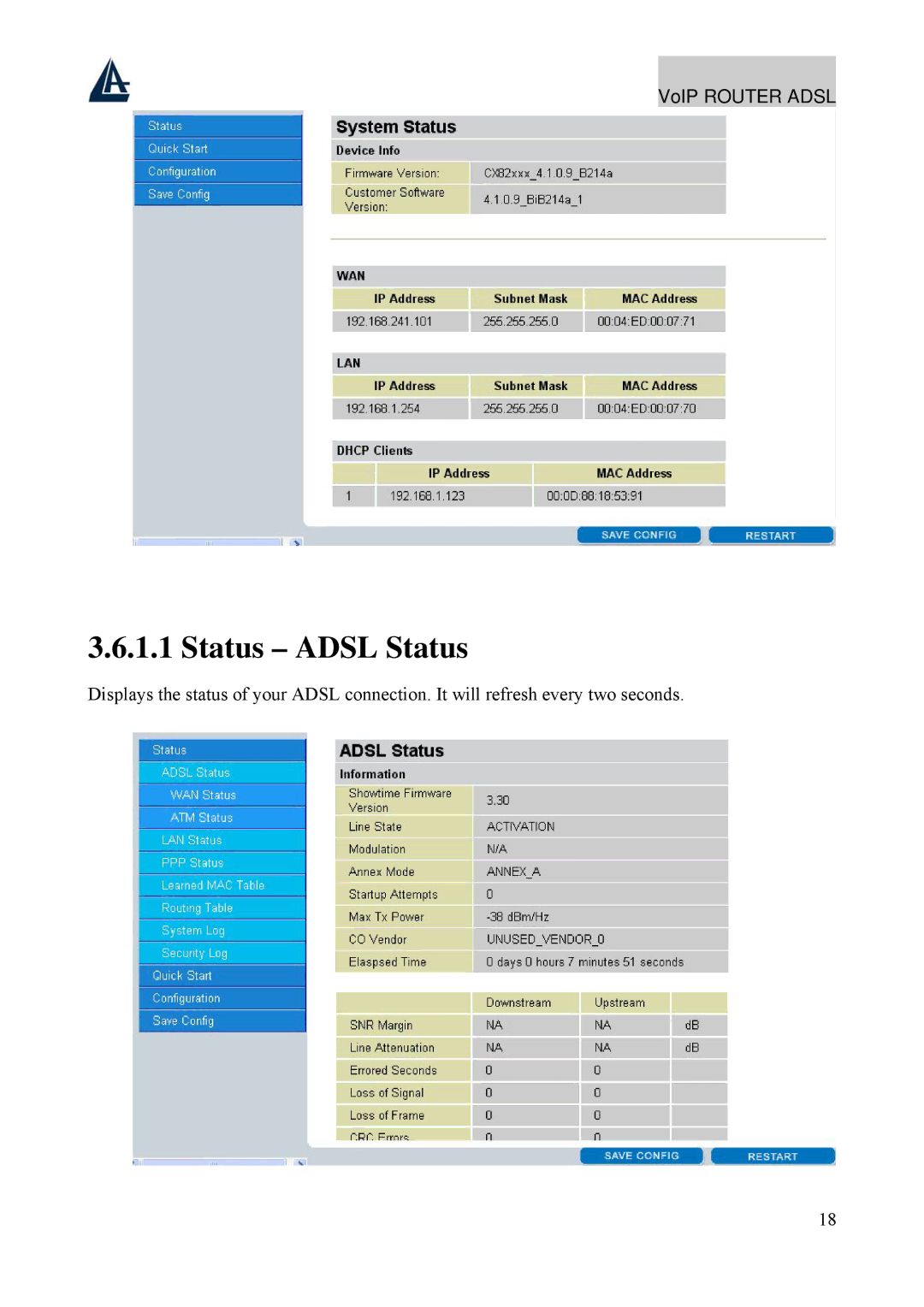 Atlantis Land A02-RAV211 manual Status Adsl Status 