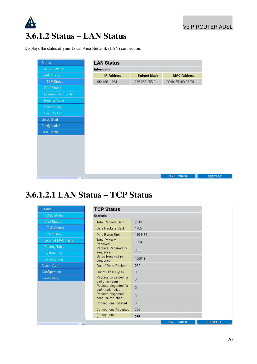 Atlantis Land A02-RAV211 manual Status LAN Status, LAN Status TCP Status 