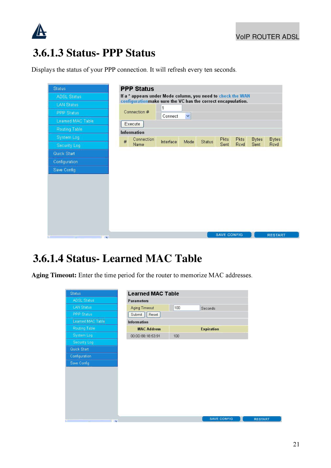 Atlantis Land A02-RAV211 manual Status- PPP Status, Status- Learned MAC Table 