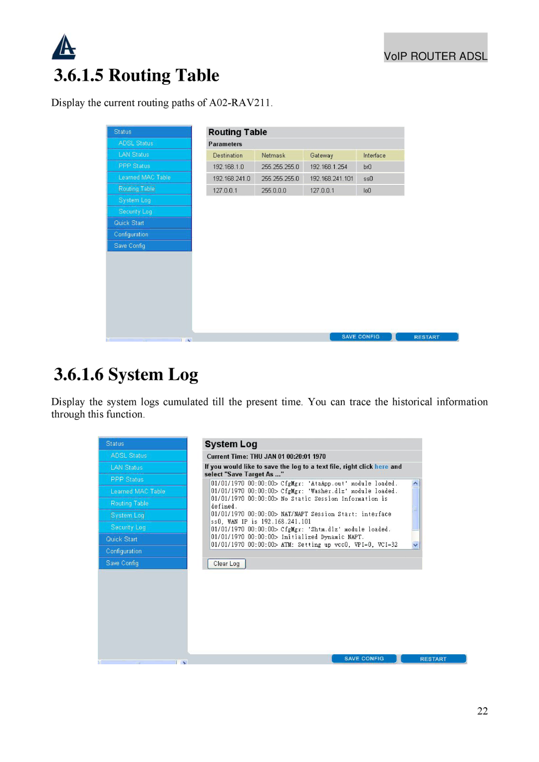 Atlantis Land A02-RAV211 manual Routing Table, System Log 