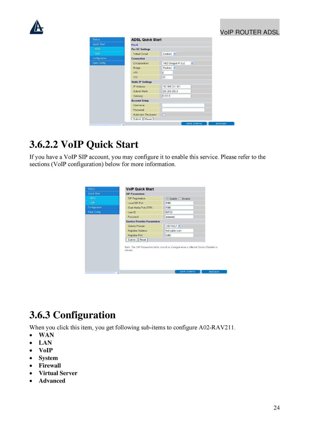 Atlantis Land A02-RAV211 manual VoIP Quick Start, Configuration, VoIP System Firewall Virtual Server Advanced 