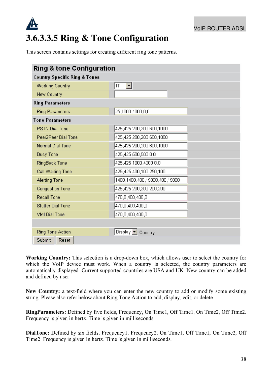 Atlantis Land A02-RAV211 manual Ring & Tone Configuration 