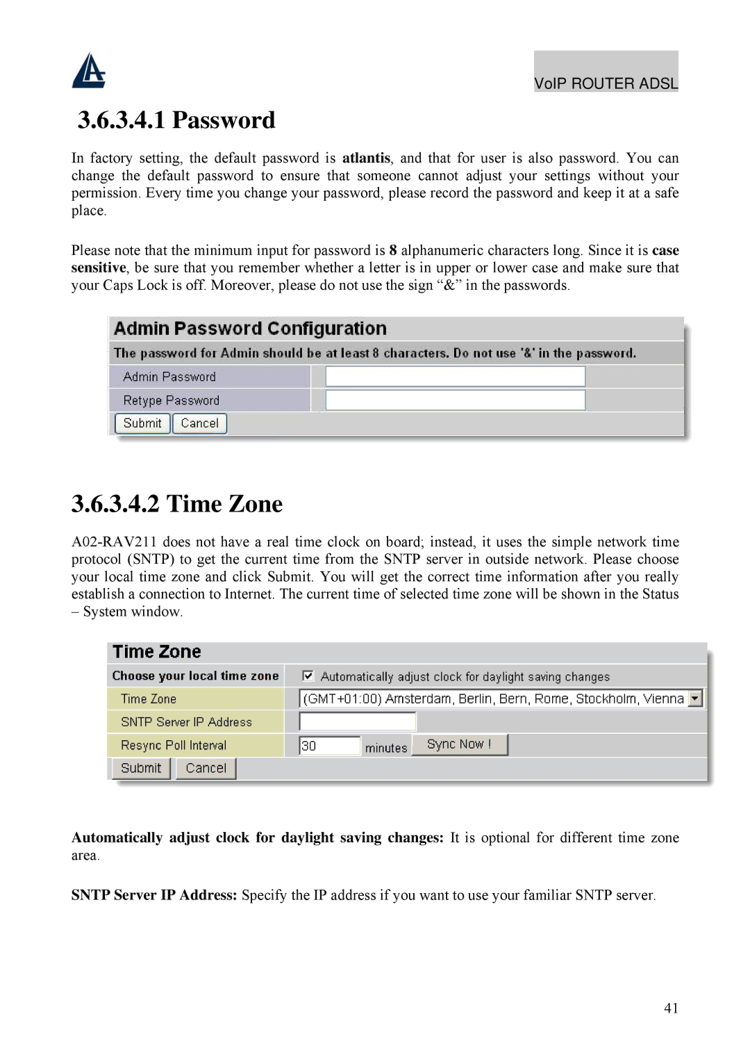 Atlantis Land A02-RAV211 manual Password, Time Zone 