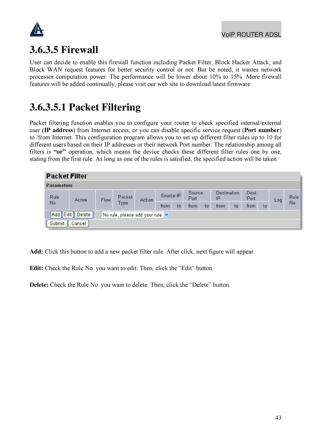 Atlantis Land A02-RAV211 manual Firewall, Packet Filtering 