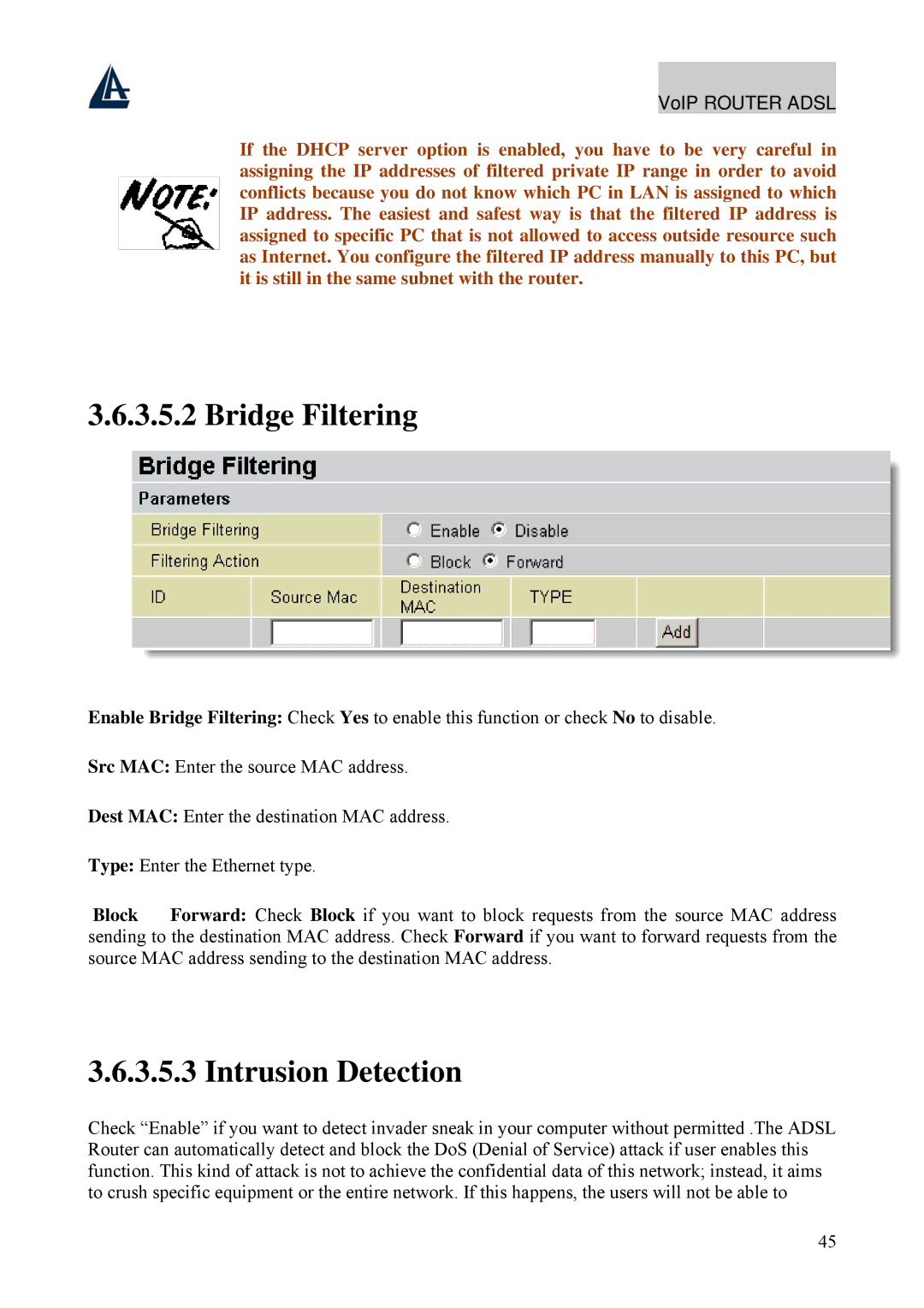 Atlantis Land A02-RAV211 manual Bridge Filtering, Intrusion Detection 