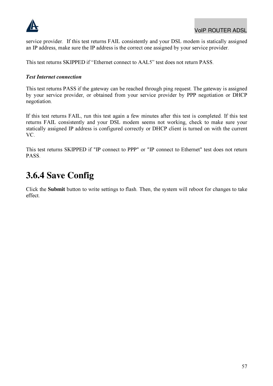 Atlantis Land A02-RAV211 manual Save Config, Test Internet connection 