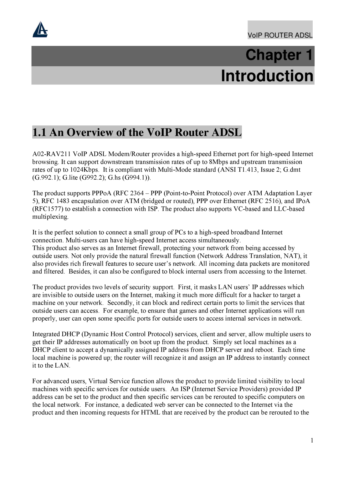 Atlantis Land A02-RAV211 manual Introduction, An Overview of the VoIP Router Adsl 