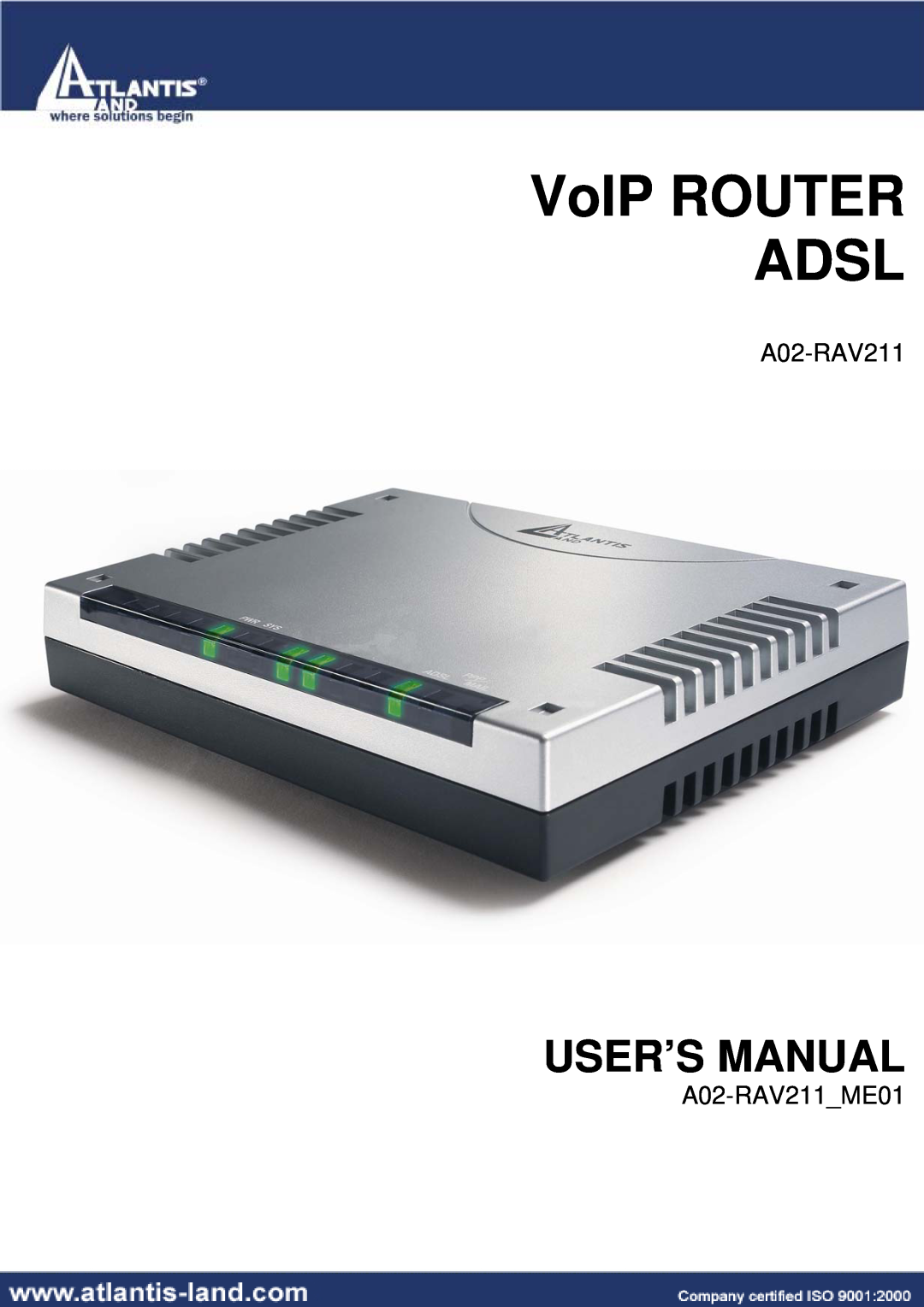 Atlantis Land manual User’S Manual, VoIP ROUTER ADSL, A02-RAV211ME01 