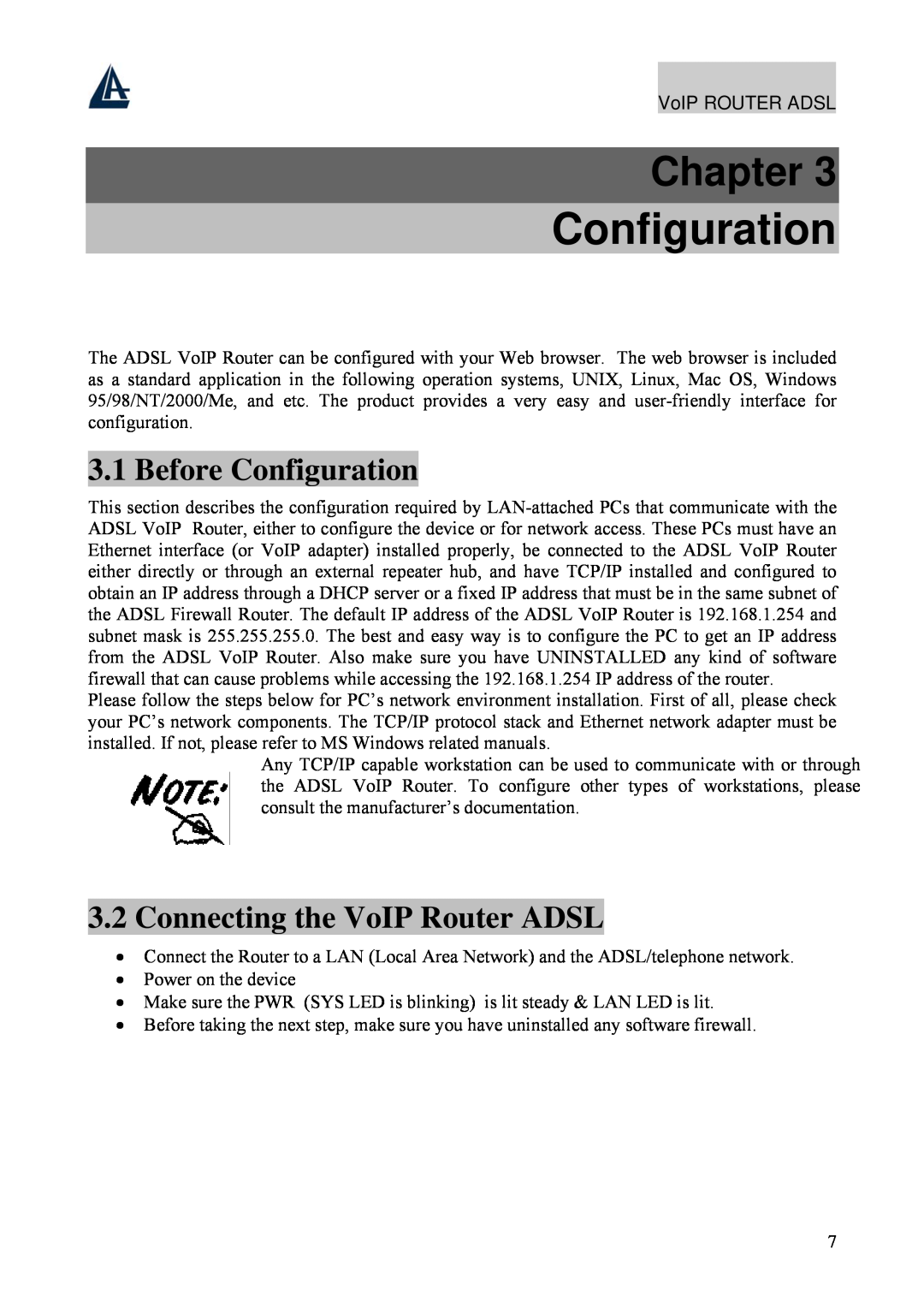 Atlantis Land A02-RAV211 manual Before Configuration, Connecting the VoIP Router ADSL, Chapter 