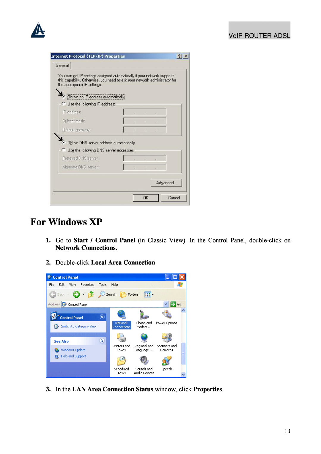 Atlantis Land A02-RAV211 manual For Windows XP, Network Connections 2. Double-click Local Area Connection, VoIP ROUTER ADSL 
