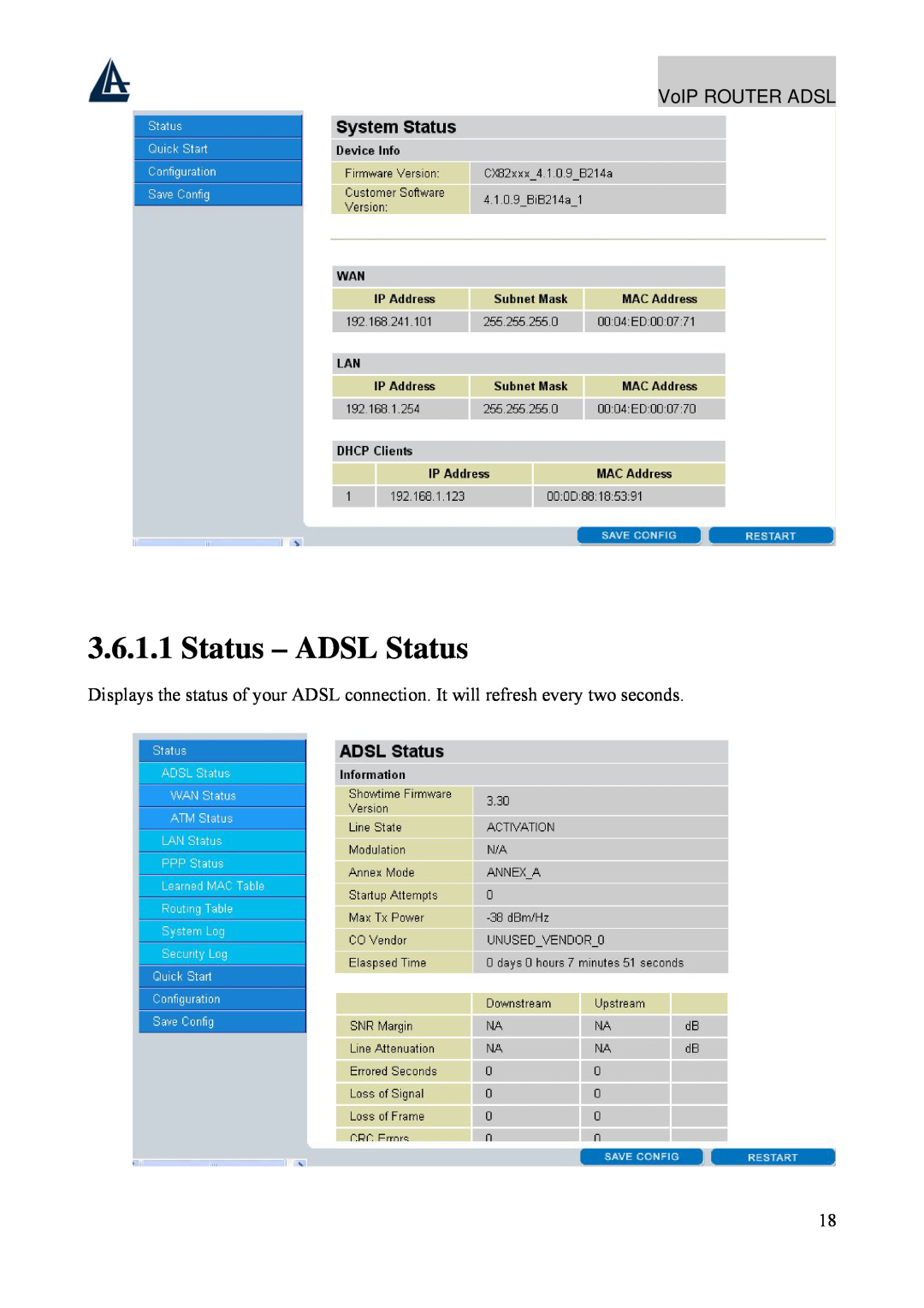 Atlantis Land A02-RAV211 manual Status - ADSL Status, VoIP ROUTER ADSL 
