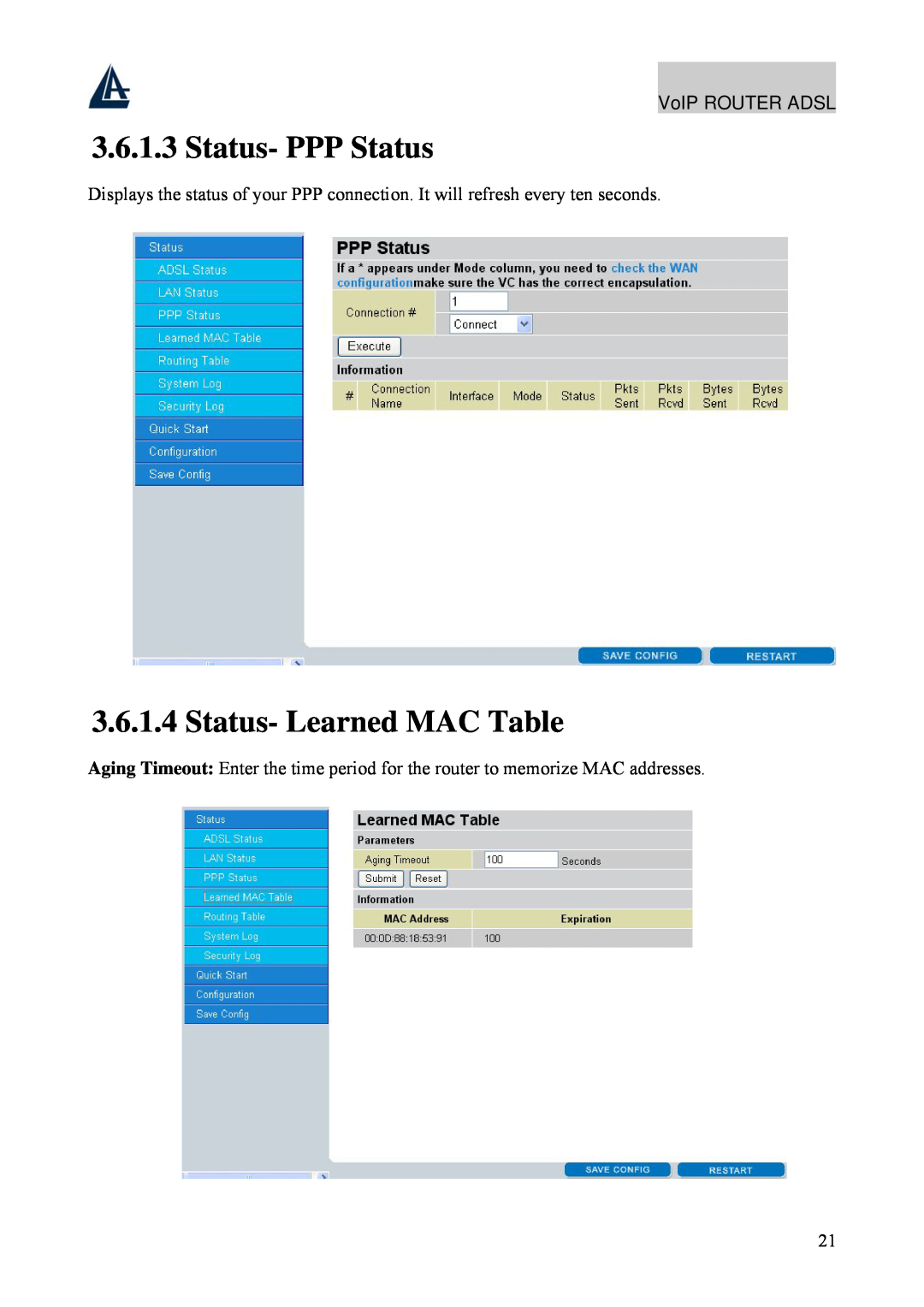 Atlantis Land A02-RAV211 manual Status- PPP Status, Status- Learned MAC Table 