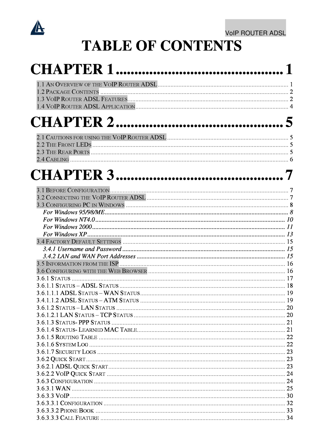 Atlantis Land A02-RAV211 manual Table Of Contents, Chapter, For Windows, Username and Password, LAN and WAN Port Addresses 